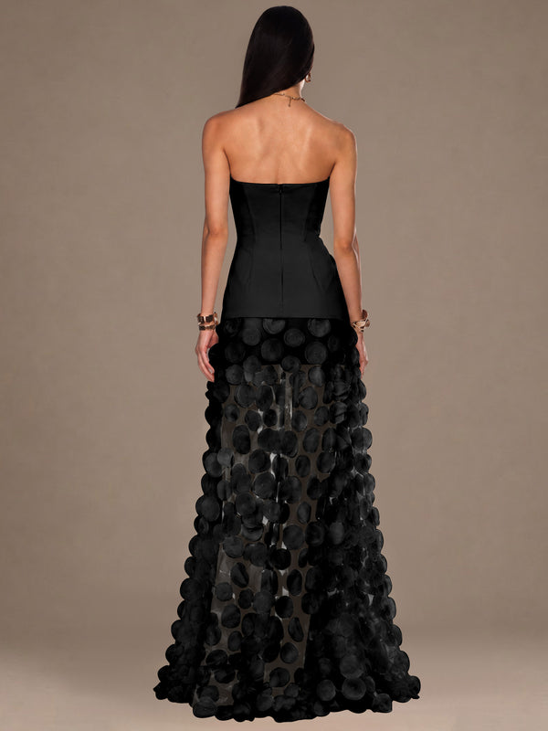 Strapless Contrast 3D Circle Applique Maxi Evening Gown