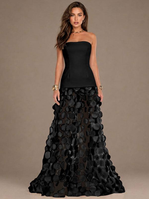 Strapless Contrast 3D Circle Applique Maxi Evening Gown
