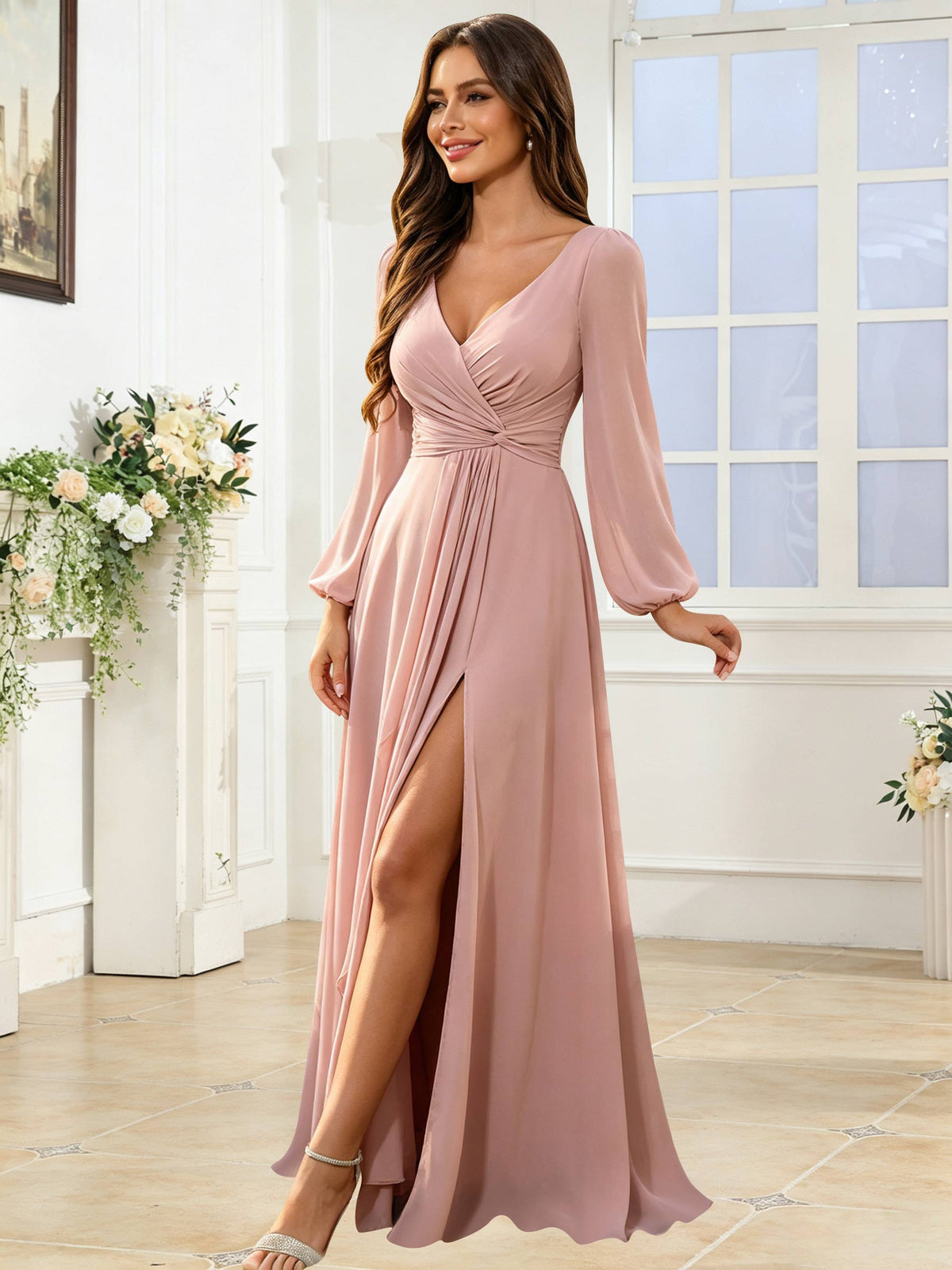 V Neck Chiffon Long Sleeve Bridesmaid Dresses with Slit