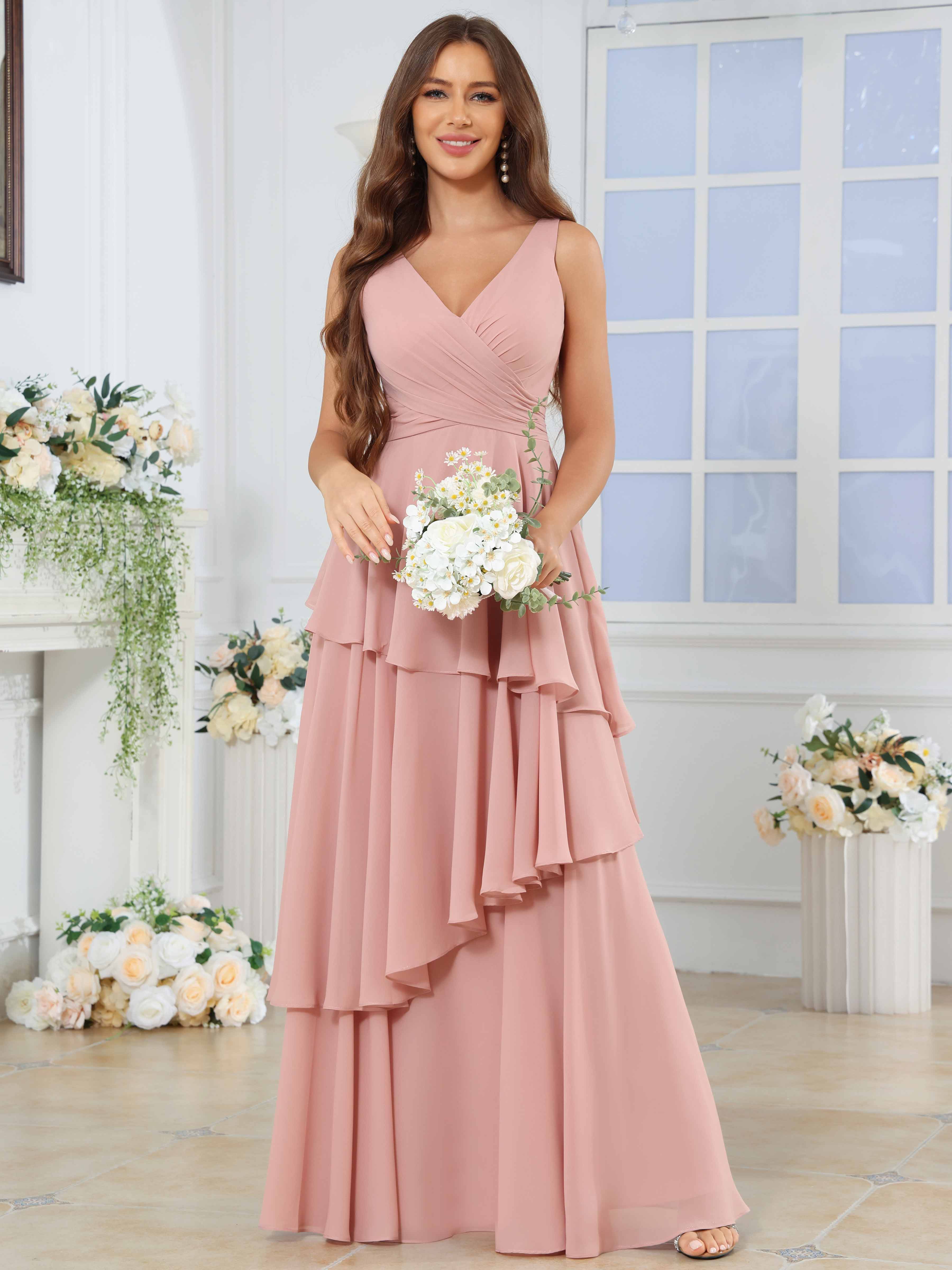ROVDESY Long Sleeveless V-Neck Tiered Pleated Chiffon Bridesmaid Dress