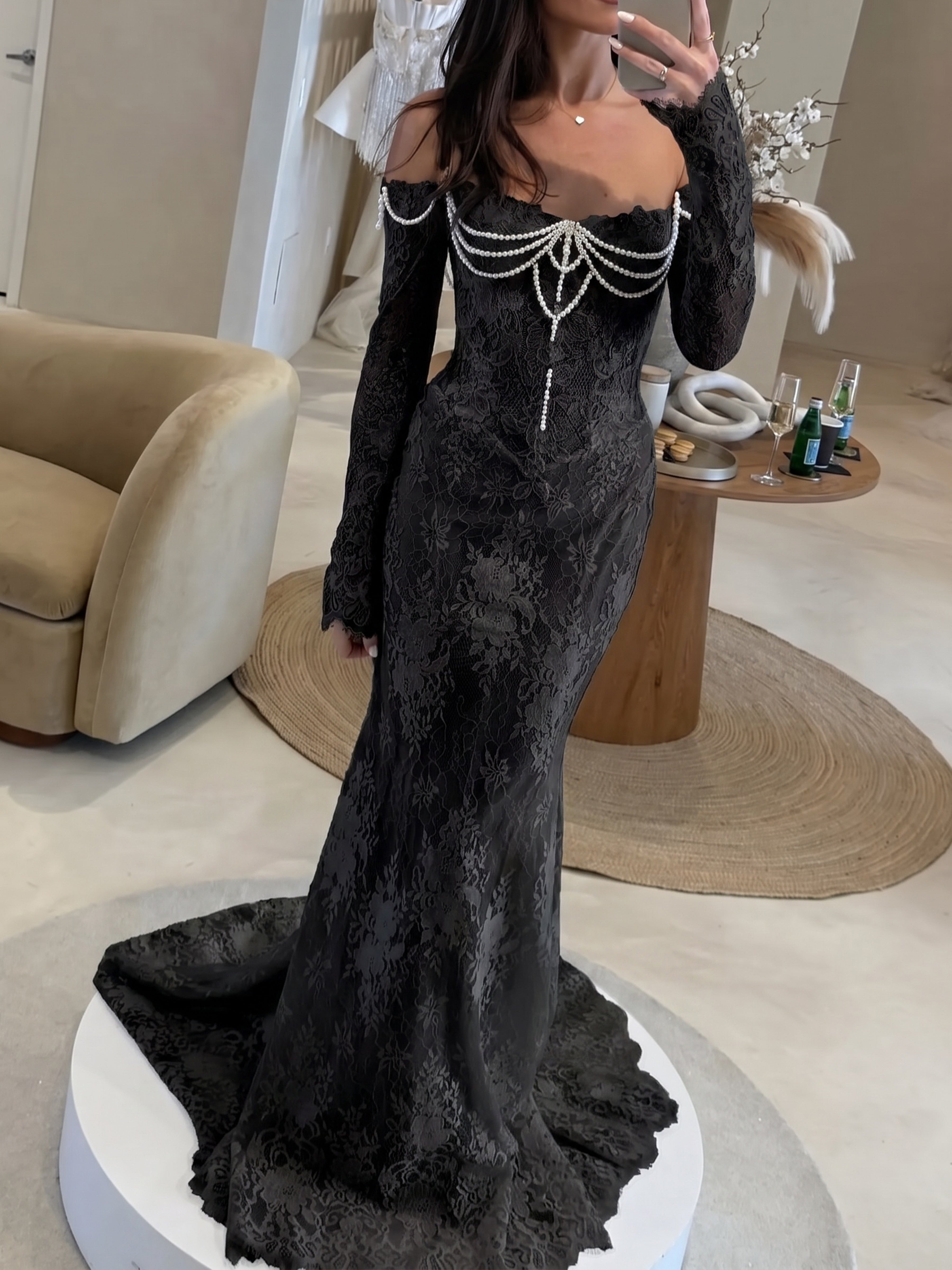 ROVDESY  Off The Shoulder Long Sleeve Floral Lace Mermaid Wedding Dress Bridal Gown