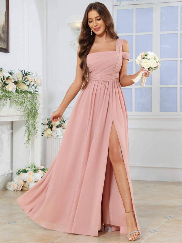 One Shoulder Pleated Chiffon Bridesmaid Dress With Slit