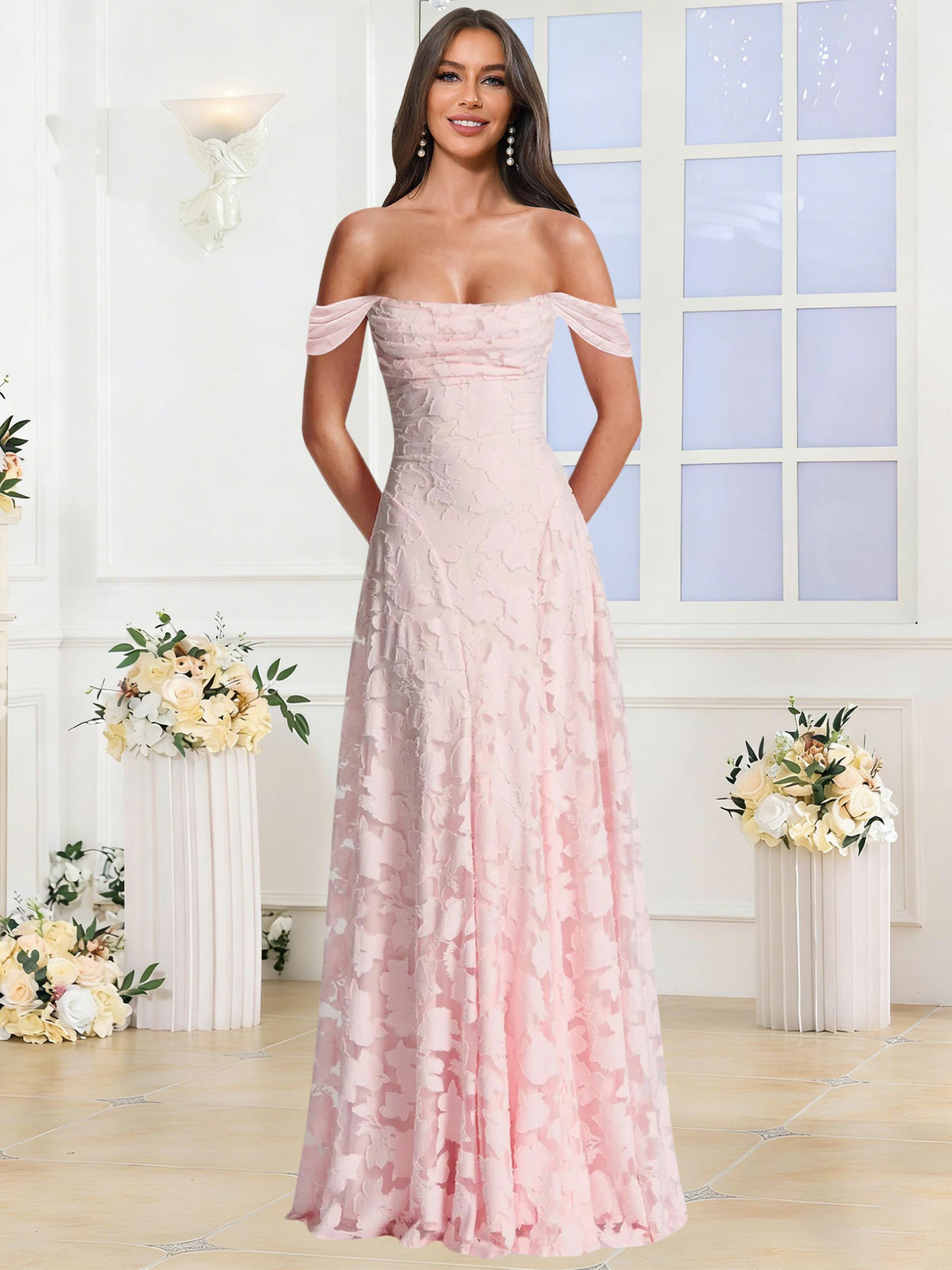 Off the Shoulder Floral Ruched A-line Bridesmaid Dress