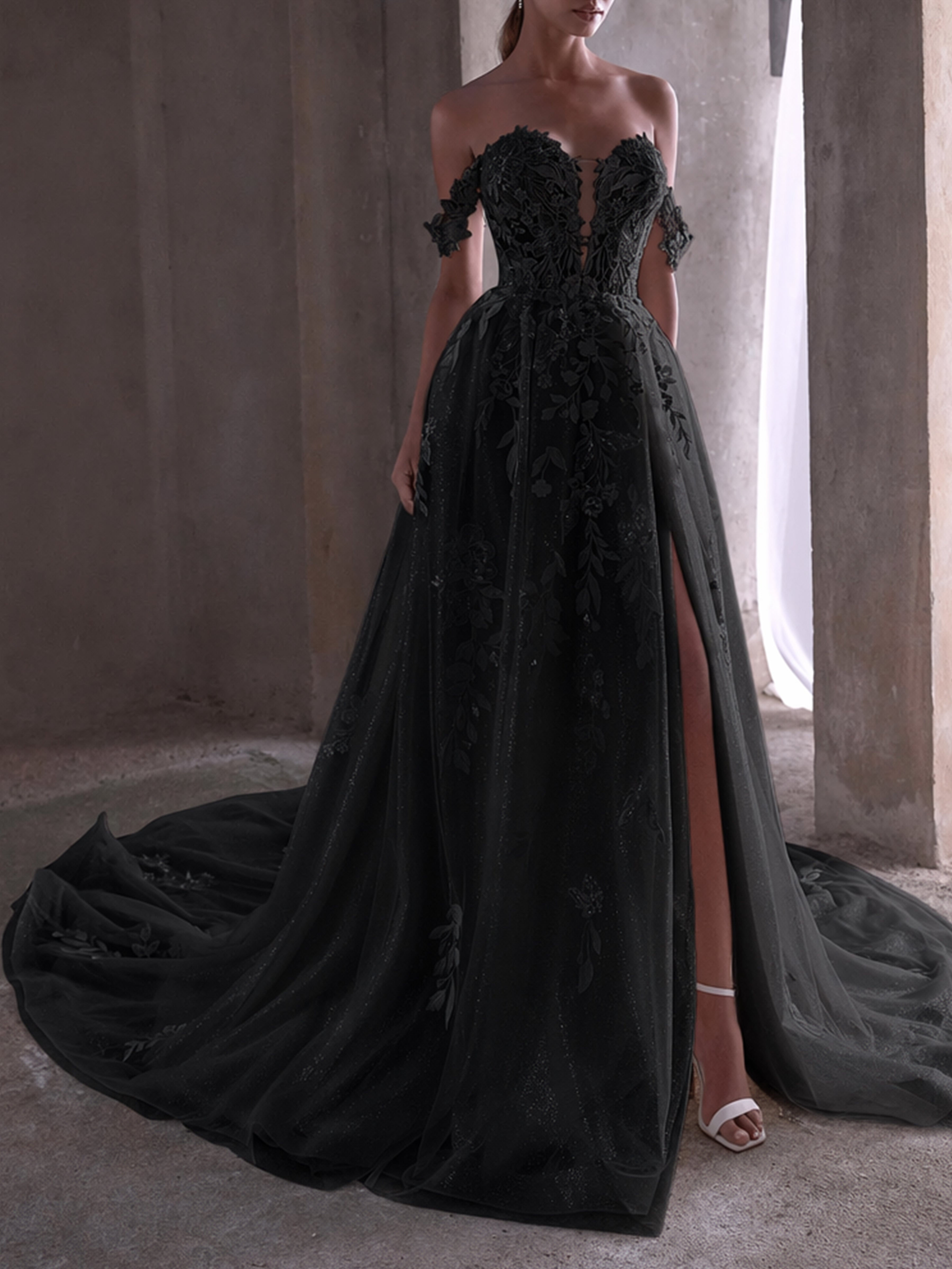 ROVDESY  Off The Shoulder A-Line Sweetheart Lace Wedding Dress Bridal Gown With Slit