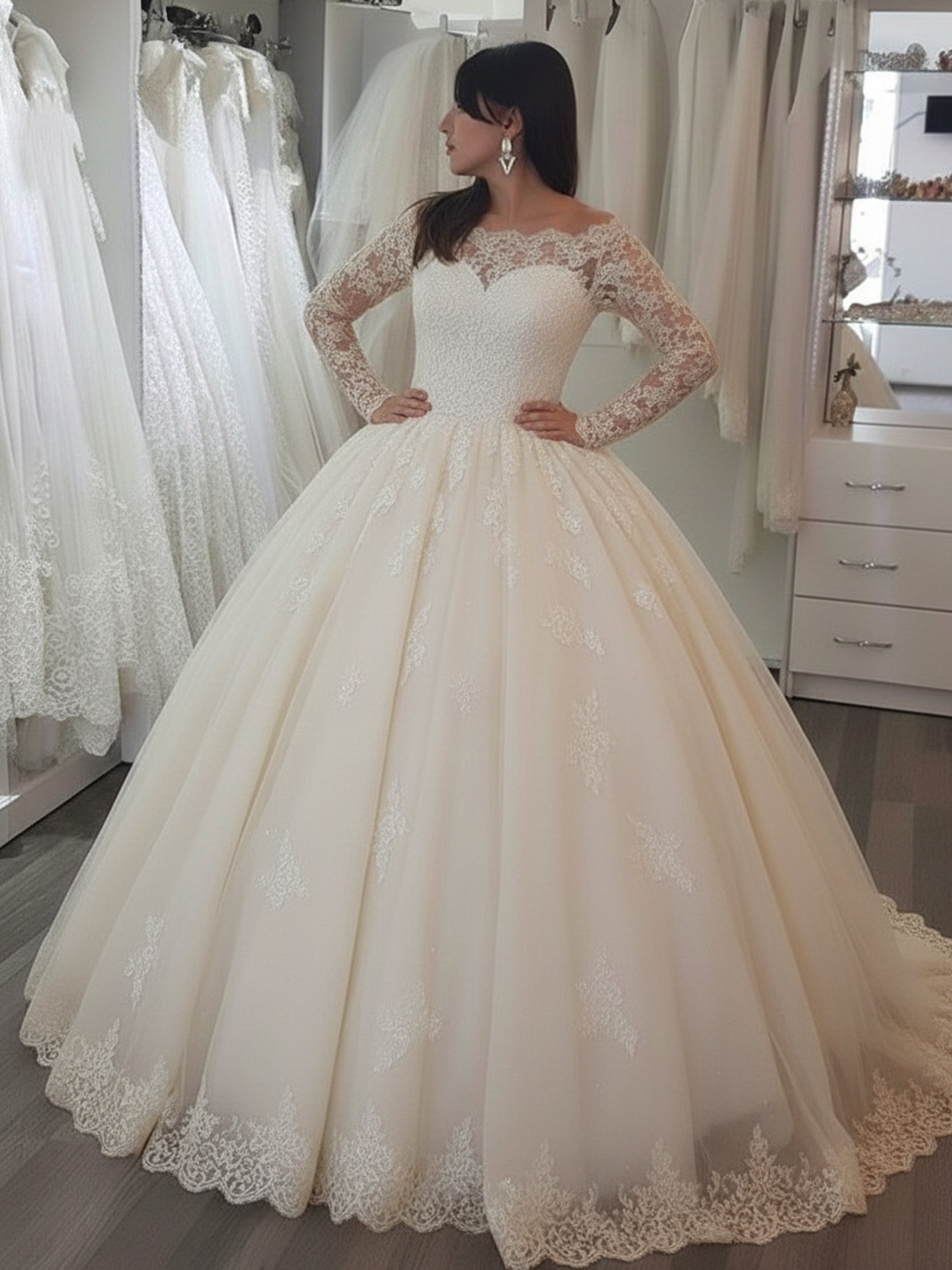 ROVDESY Off The Shoulder Long Sleeve Lace Ball Gown Wedding Dress Bridal Gown