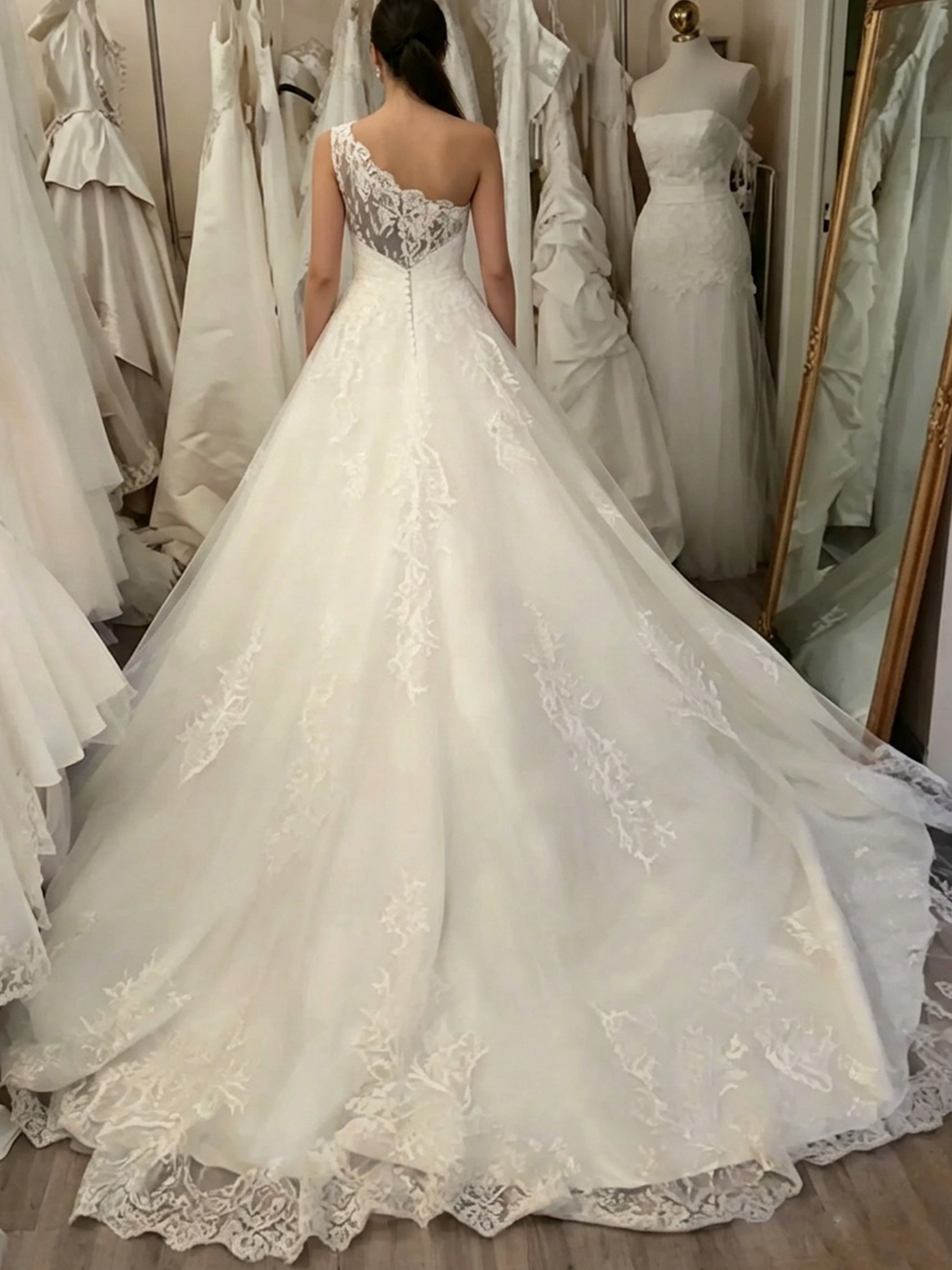 ROVDESY  One Shoulder Lace A-Line Tulle Wedding Dress Bridal Gown