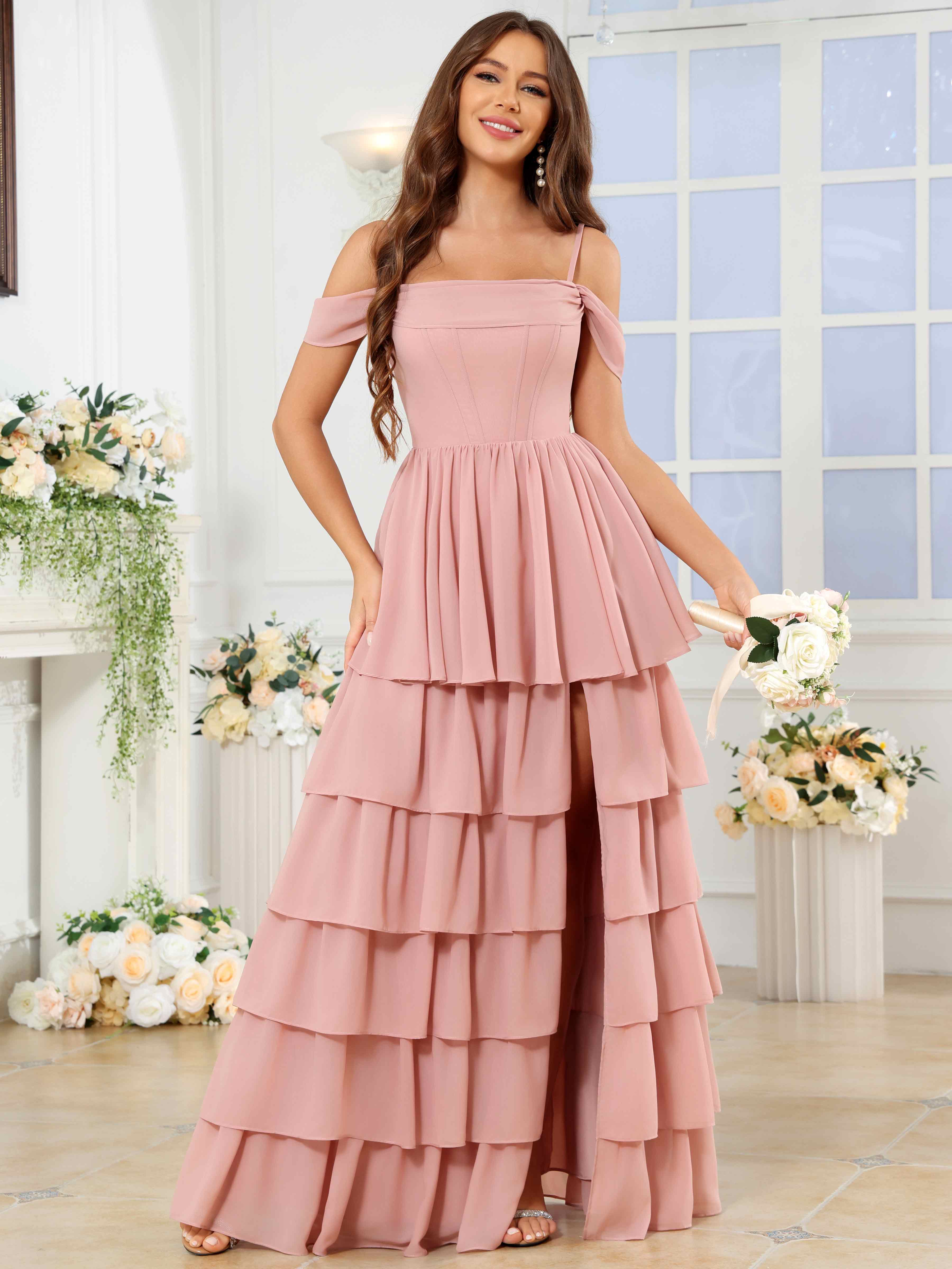 ROVDESY A-Line Off The Shoulder Tiered Chiffon Bridesmaid/Prom Dress With Slit