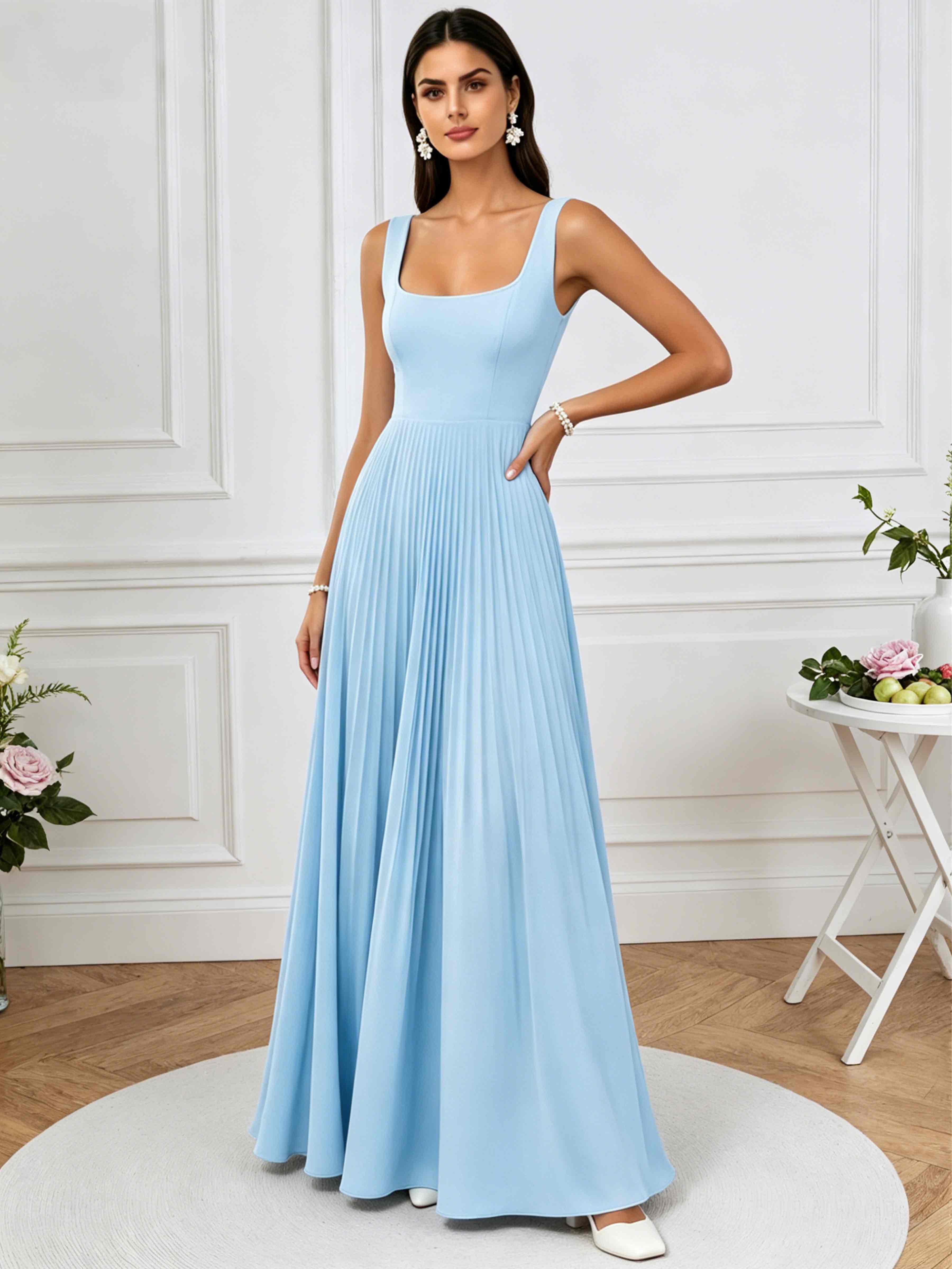 ROVDESY A-Line Square Neck Pleated Chiffon Long Bridesmaid/Prom Dress