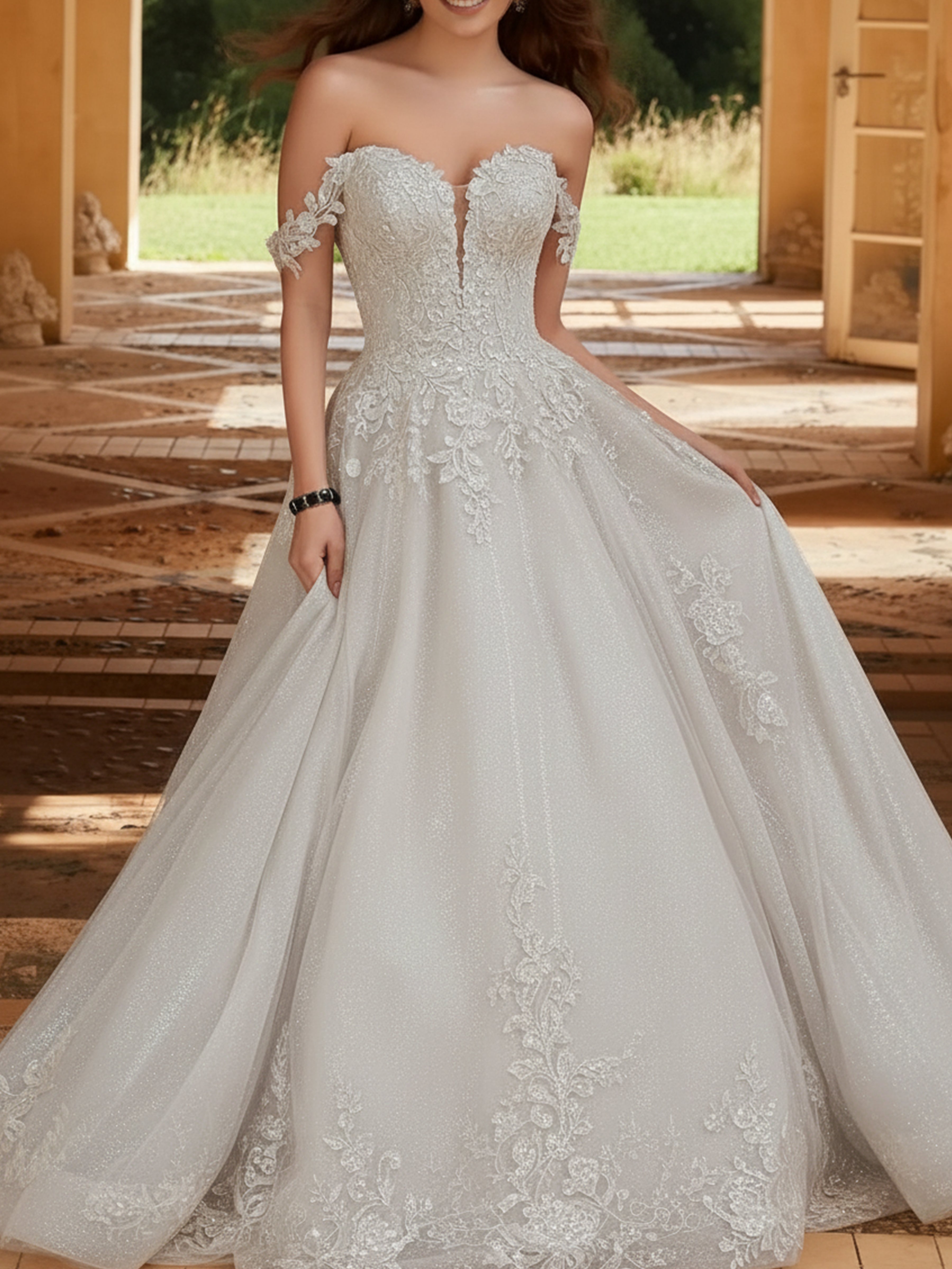 ROVDESY Off The Shoulder Sweetheart Lace Ball Gown Wedding  Dress Bridal Gown With Train