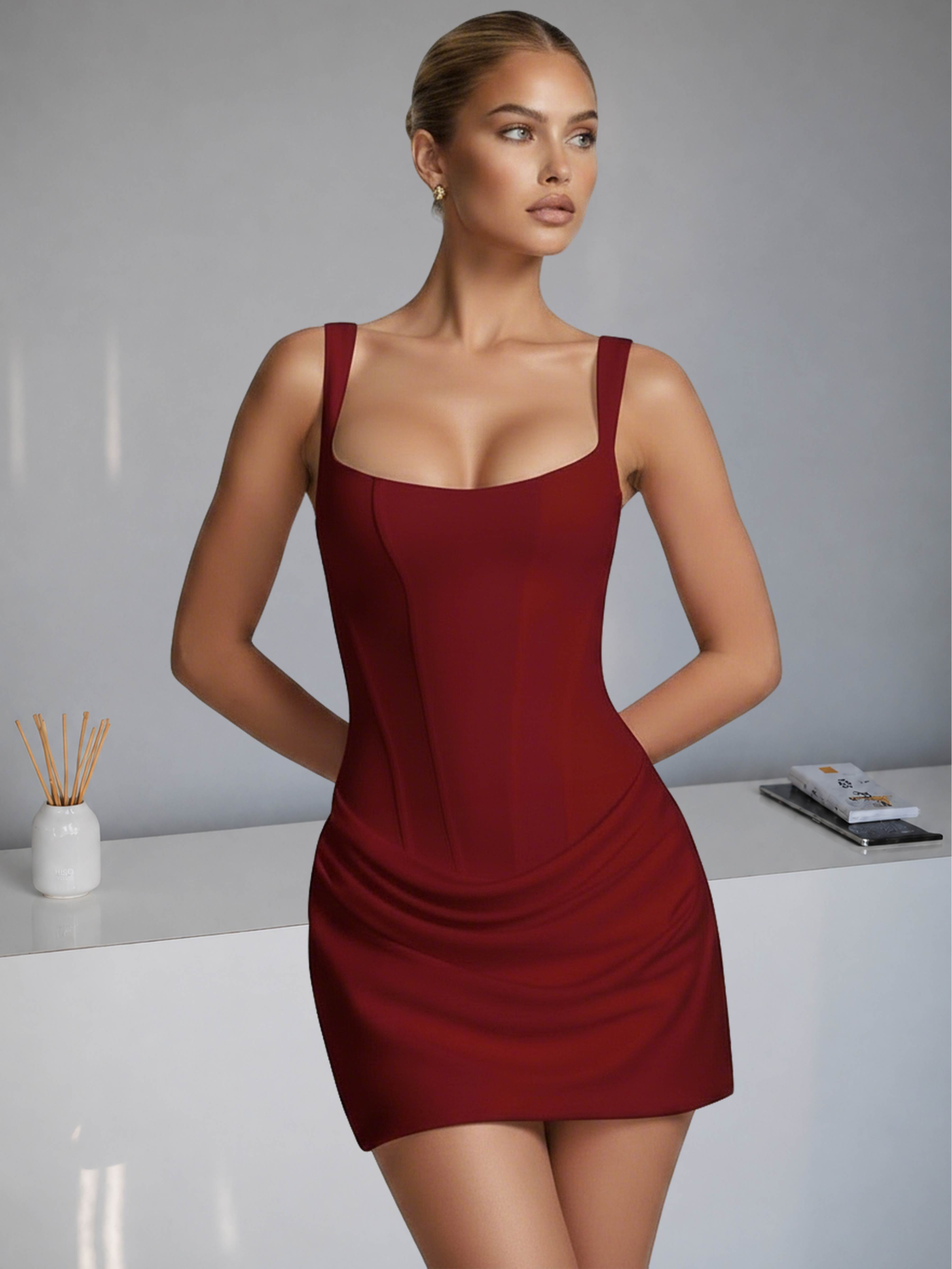 ROVDESY Square Neck Ruched Satin Homecoming Mini Dress