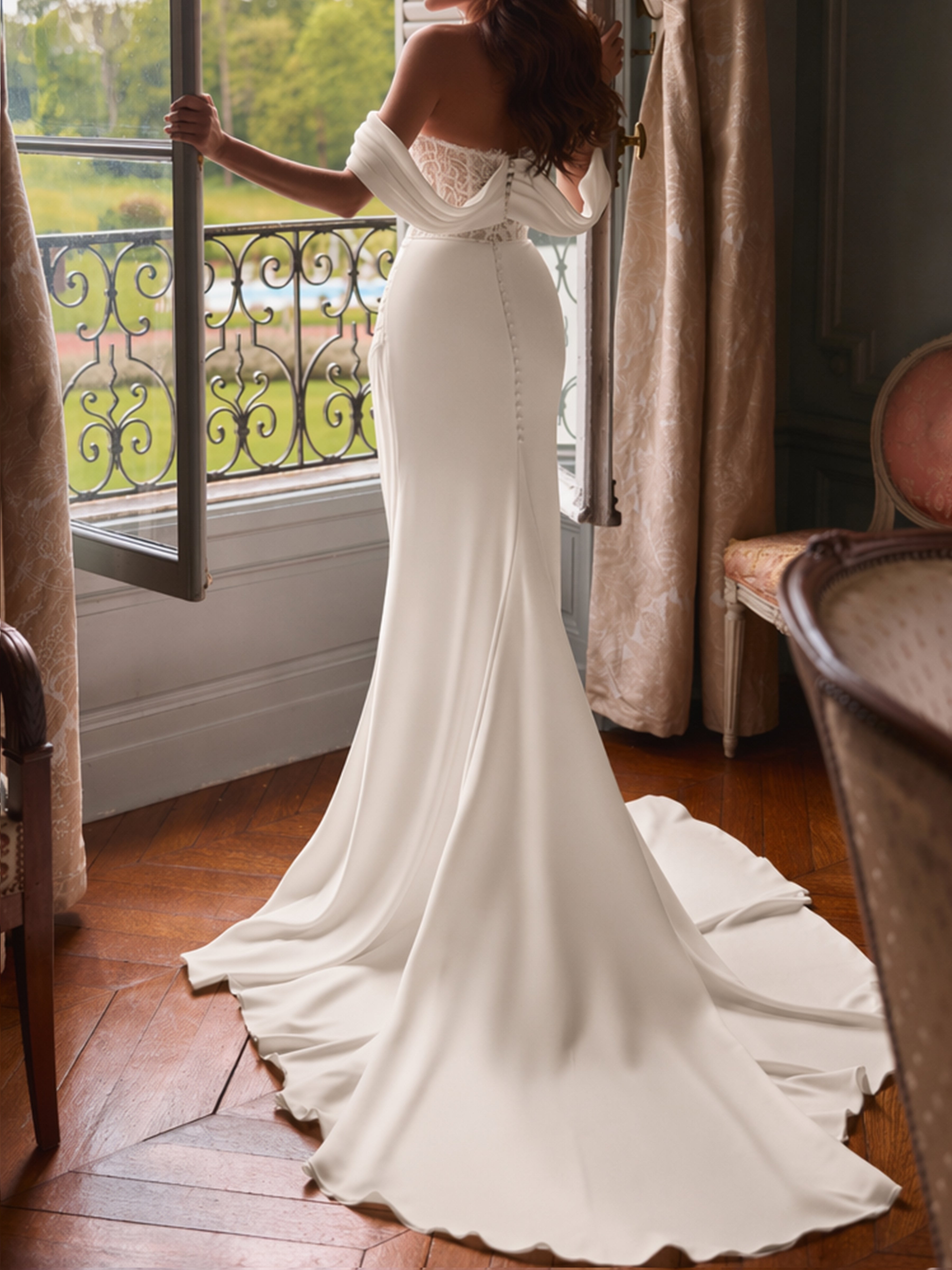 ROVDESY Off The Shoulder Long Sleeve Lace Mermaid Wedding Dress Bridal Gown With Slit