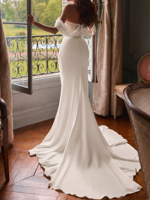 Off The Shoulder Long Sleeve Lace Mermaid Wedding Dress Bridal Gown With Slit