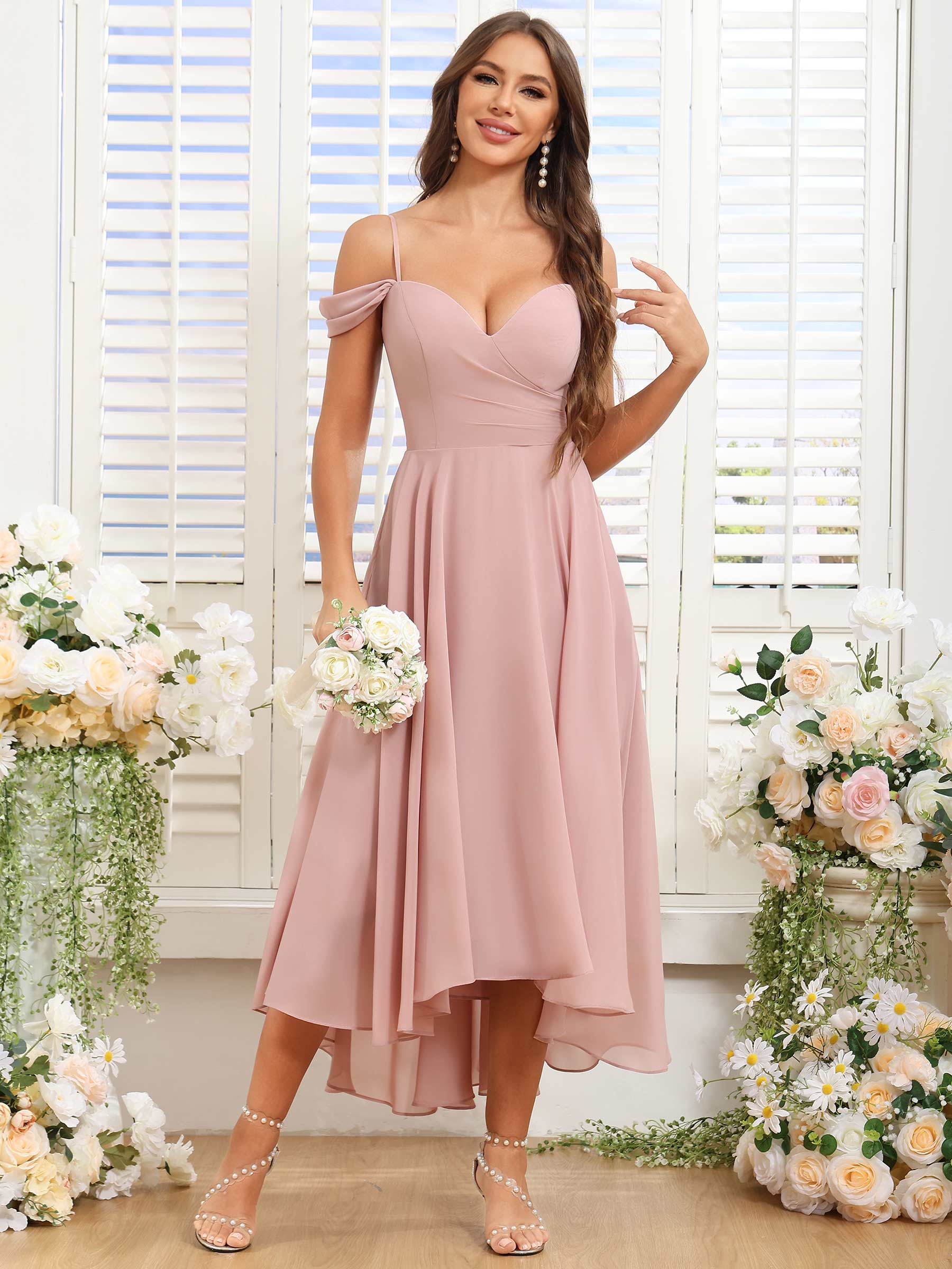 ROVDESY ROVDESY Short Cold Shoulder Sweetheart High Low Pleated Chiffon Bridesmaid Dress