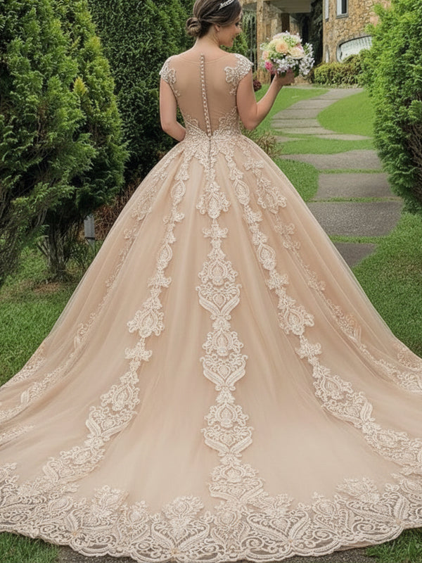 Cap Sleeve Illusion Lace Applique Ball Gown Wedding Dress for Bride