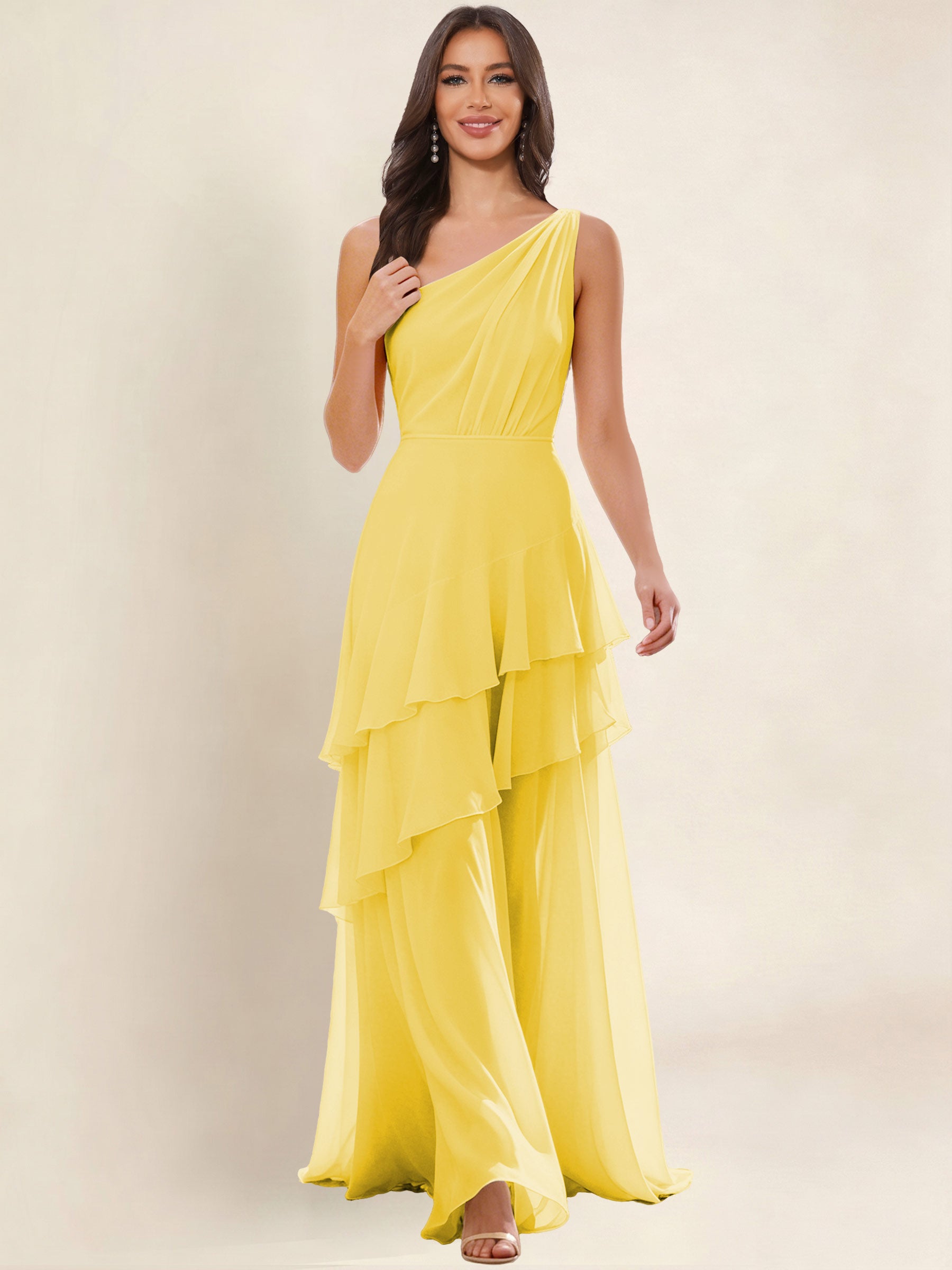 ROVDESY A-Line One Shoulder Pleated Tiered Chiffon Bridesmaid Dress