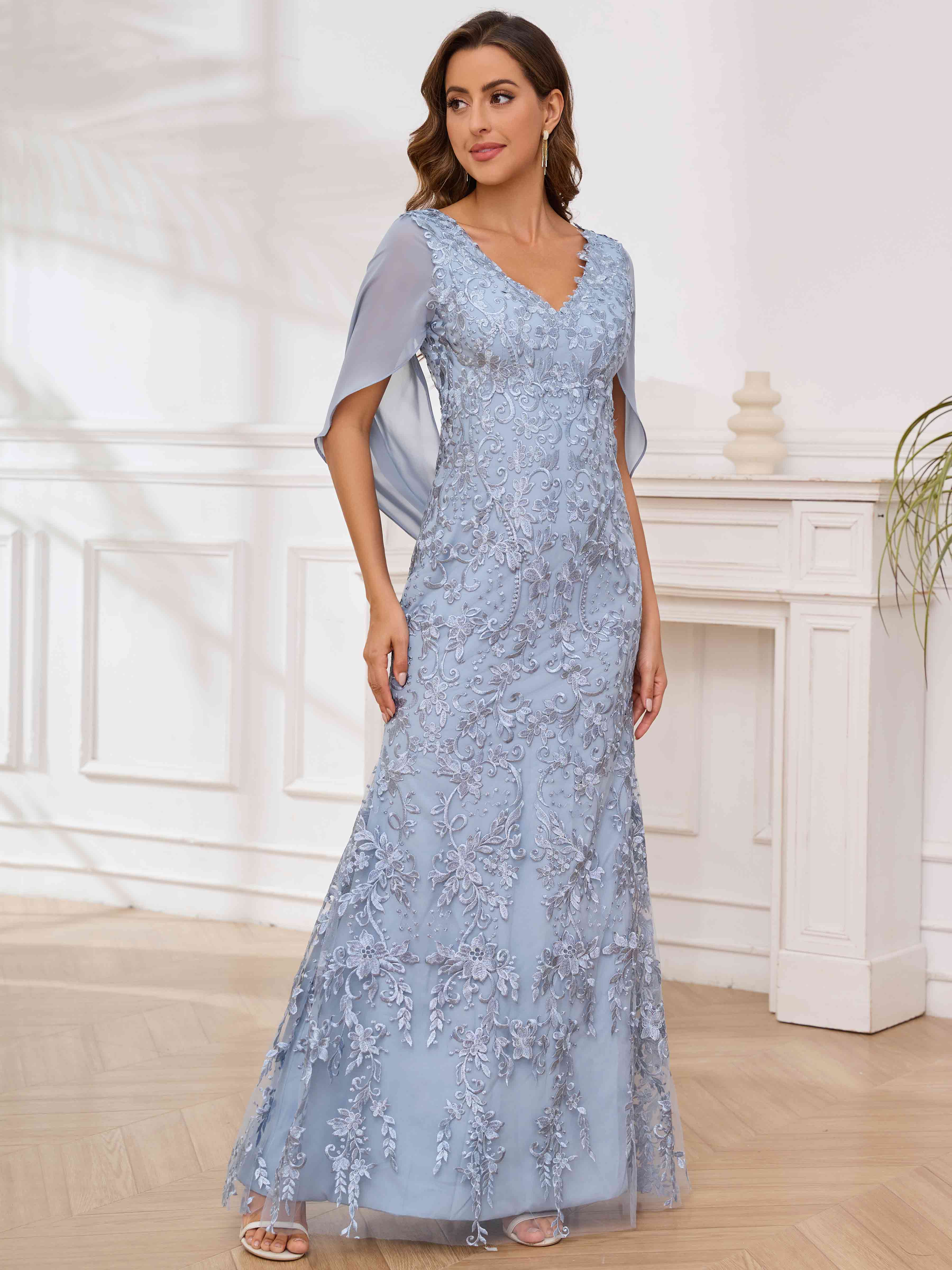 ROVDESY V-Neck Lace Mermaid Mother Of The Bride Dress With Cape Sleeves Long Formal Gown