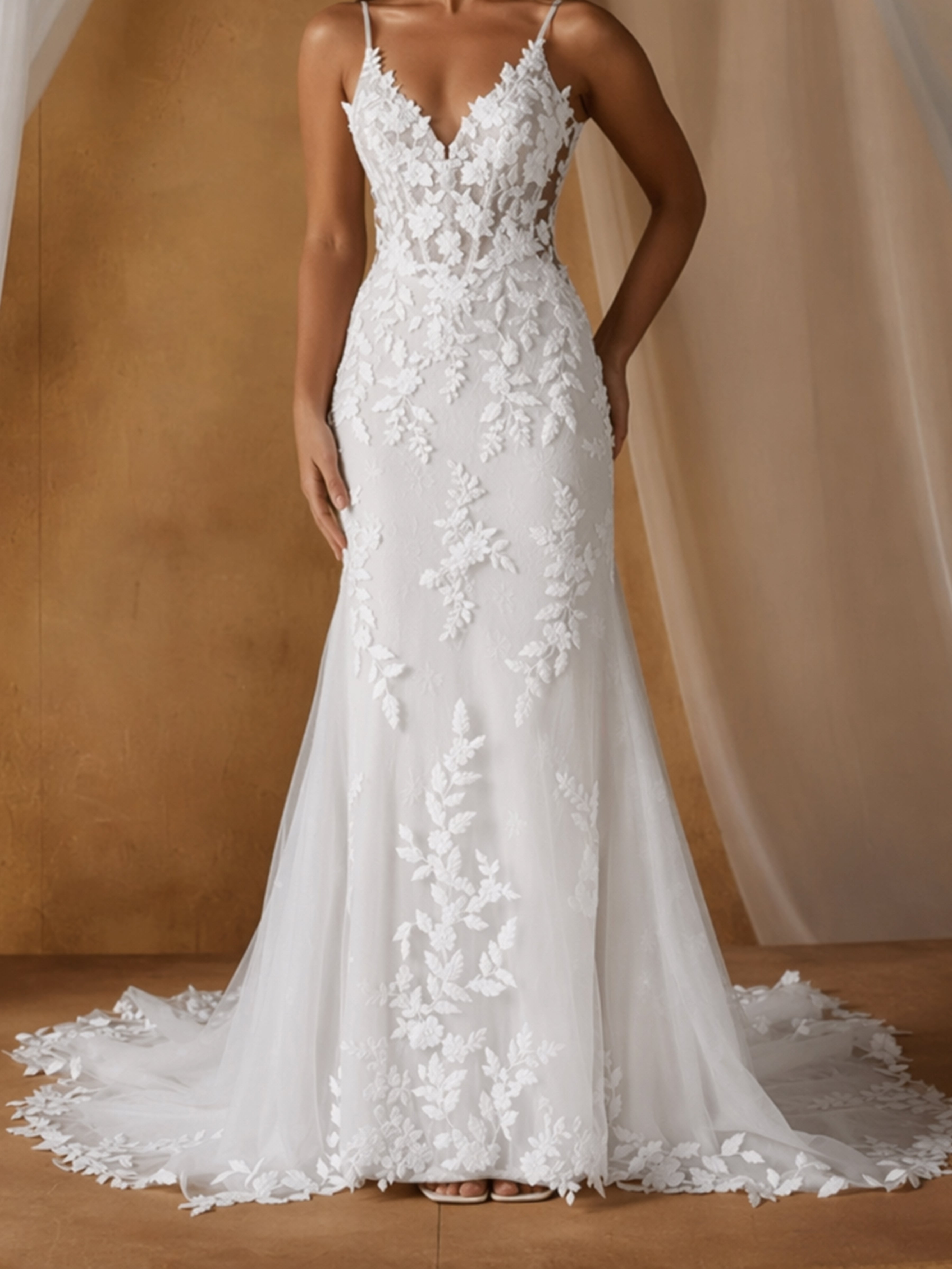 ROVDESY  Spaghetti Strap Deep V Neck Floral Lace Mermaid Wedding Dress Bridal Gown