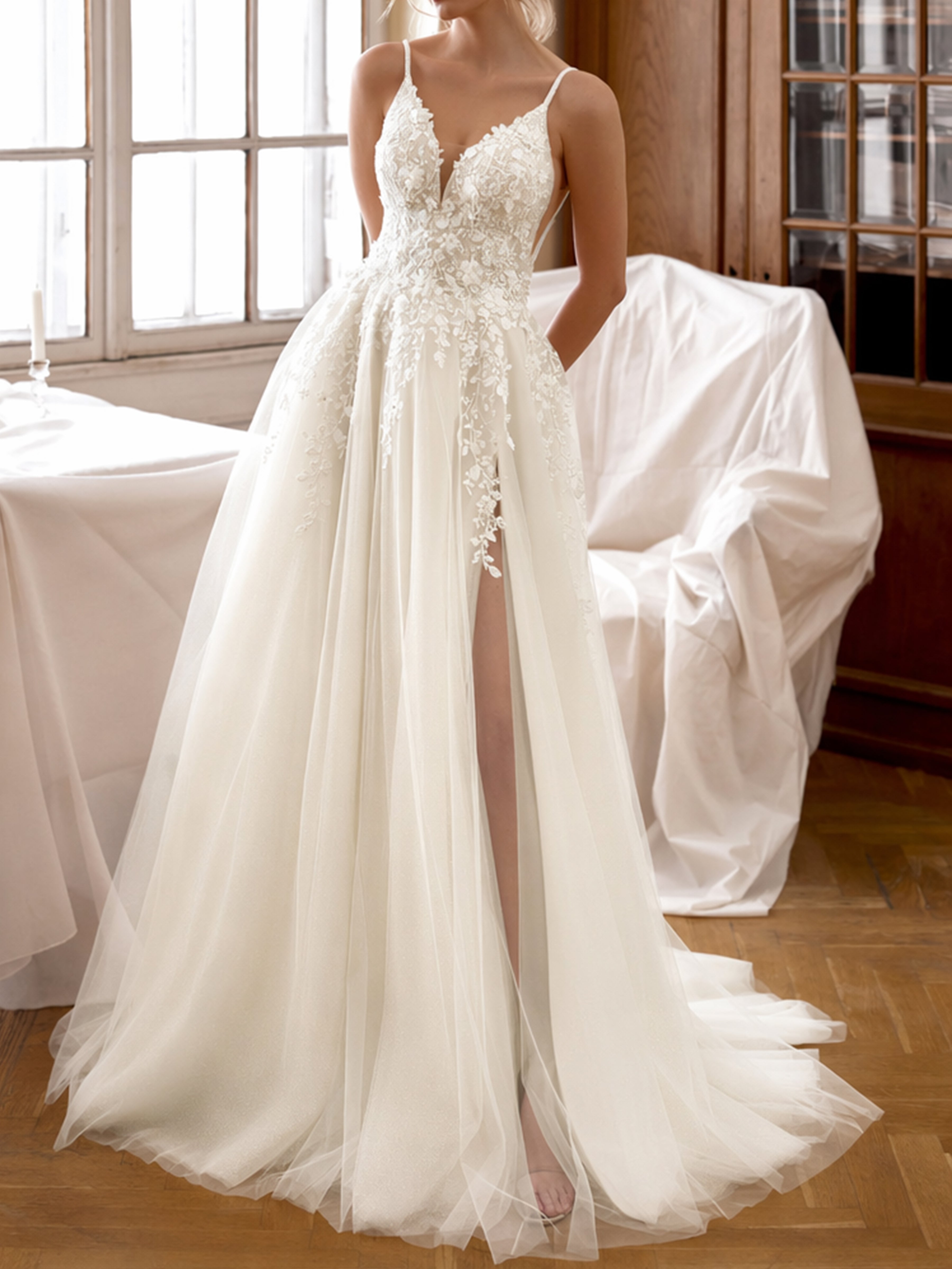 ROVDESY  Spaghetti Strap Deep V Neck Lace A-Line Wedding Dress Bridal Gown With Slit