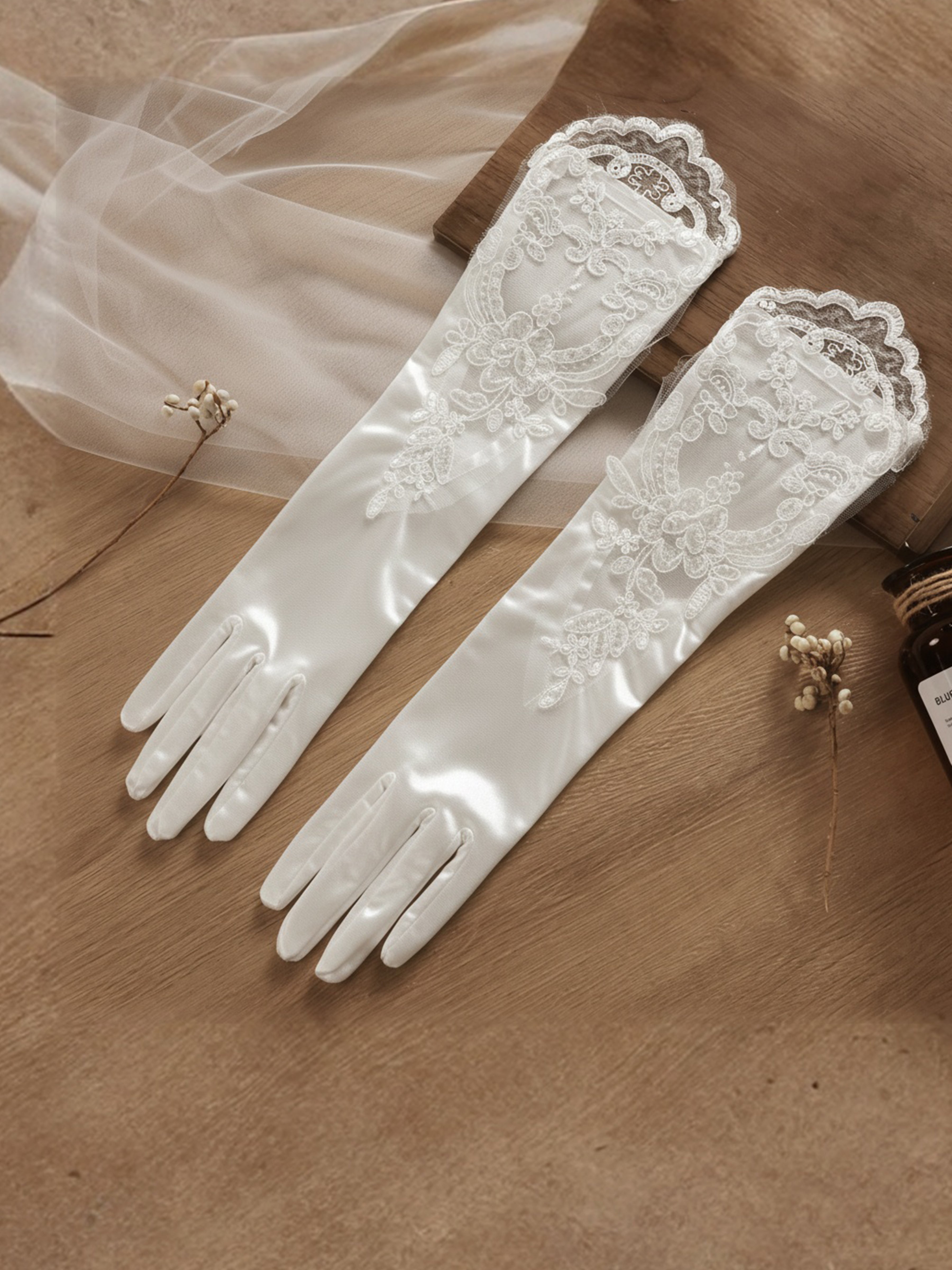 ROVDESY Vintage Embroidered  Satin Wedding Gloves