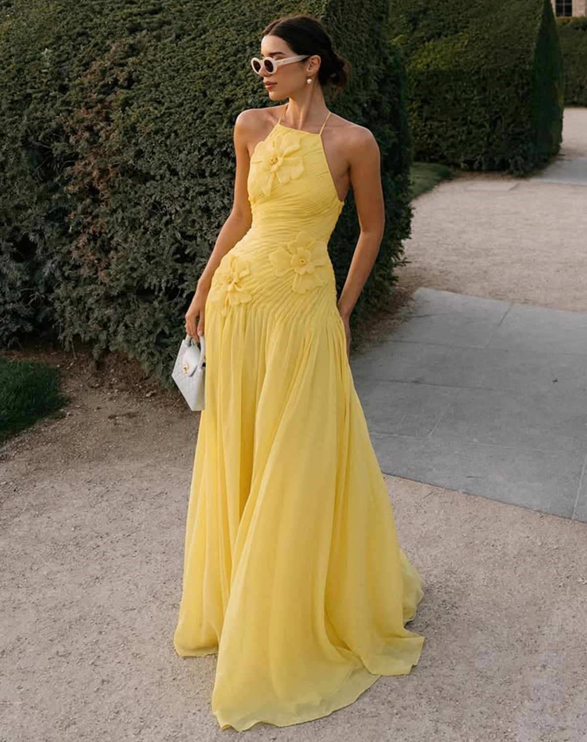 Halter Long Pleated Chiffon Prom Dress with 3D Flower