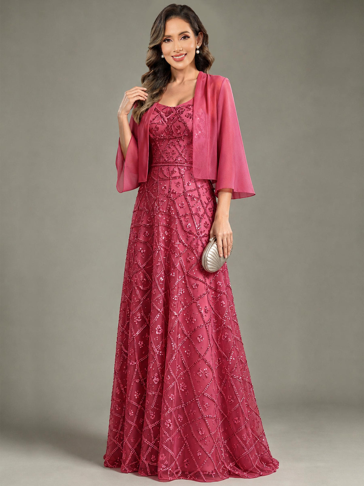 2 Pieces Sequin Long Mother of The Bride Dress with Jacket