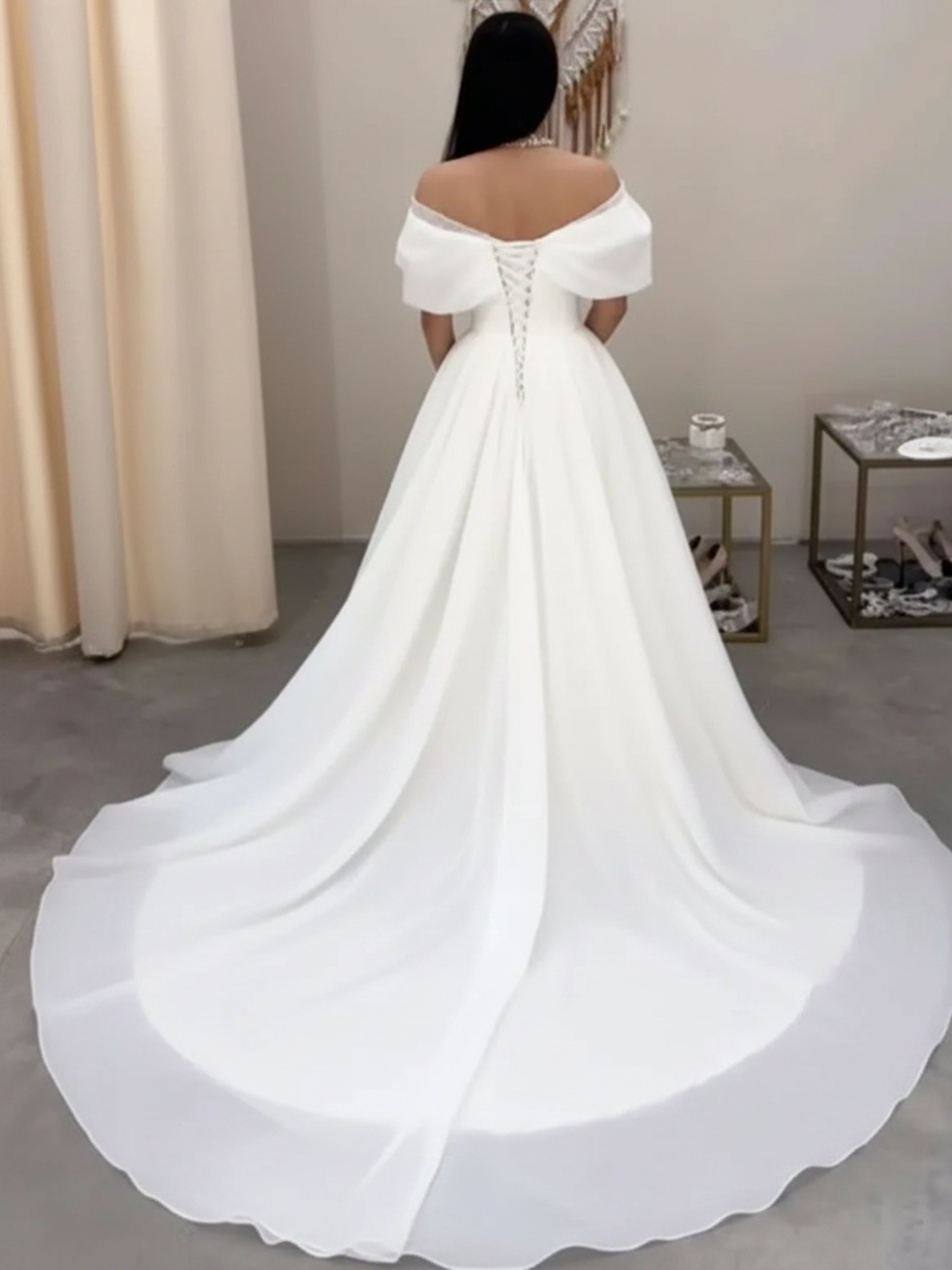 ROVDESY Off The Shoulder A-Line Ball Gown Satin Wedding Dress Bridal Gown