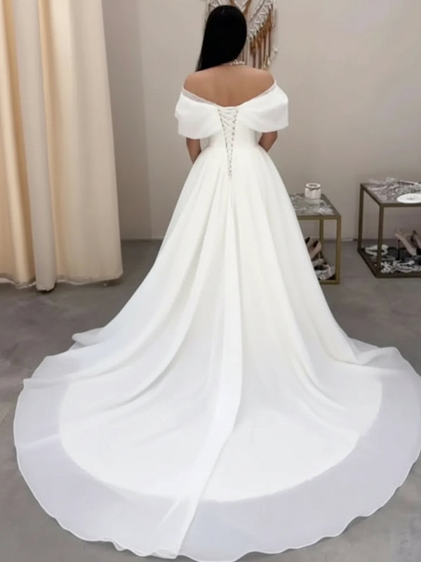Off The Shoulder A-Line Ball Gown Satin Wedding Dress Bridal Gown