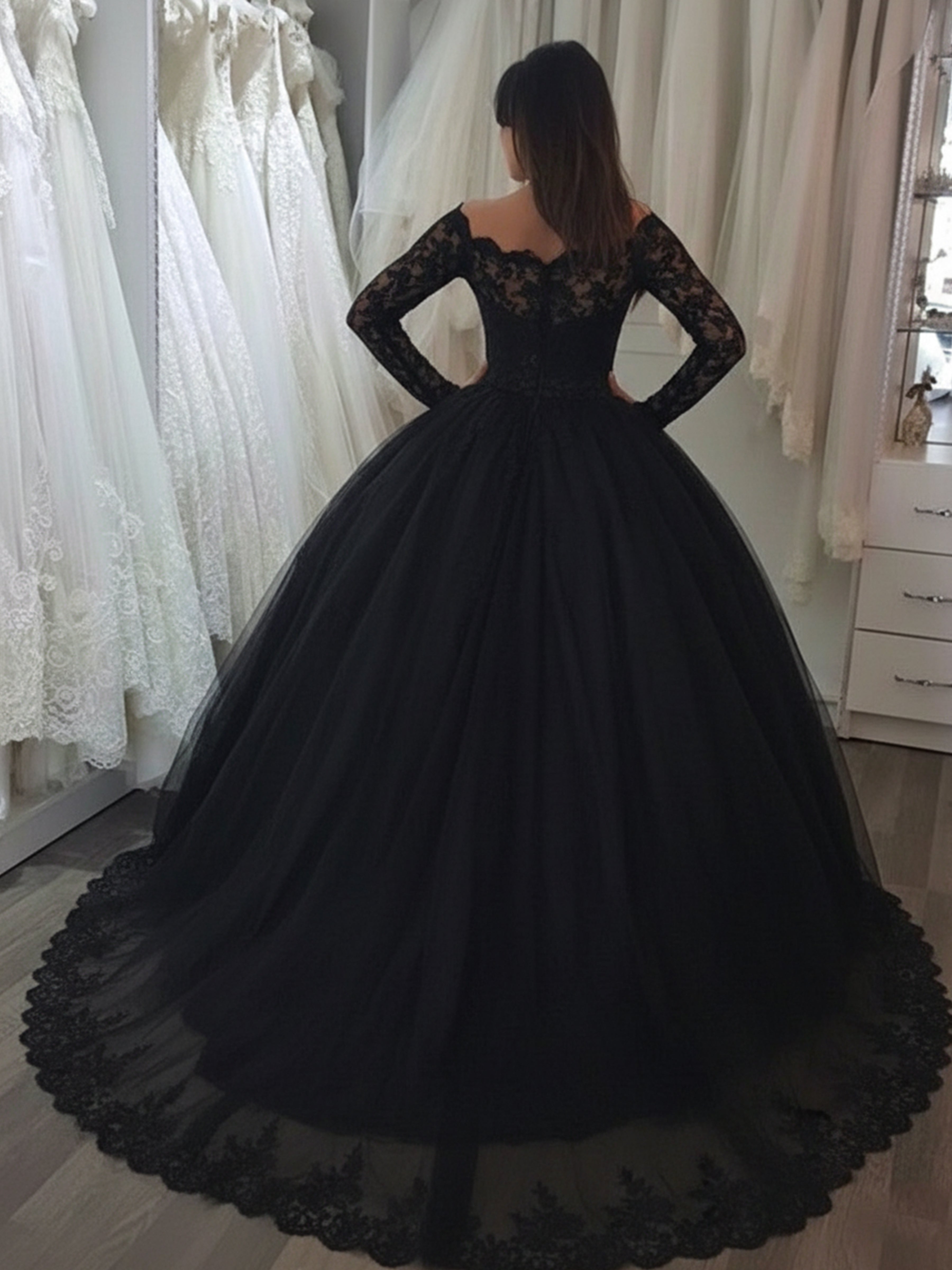 ROVDESY Off The Shoulder Long Sleeve Lace Ball Gown Wedding Dress Bridal Gown