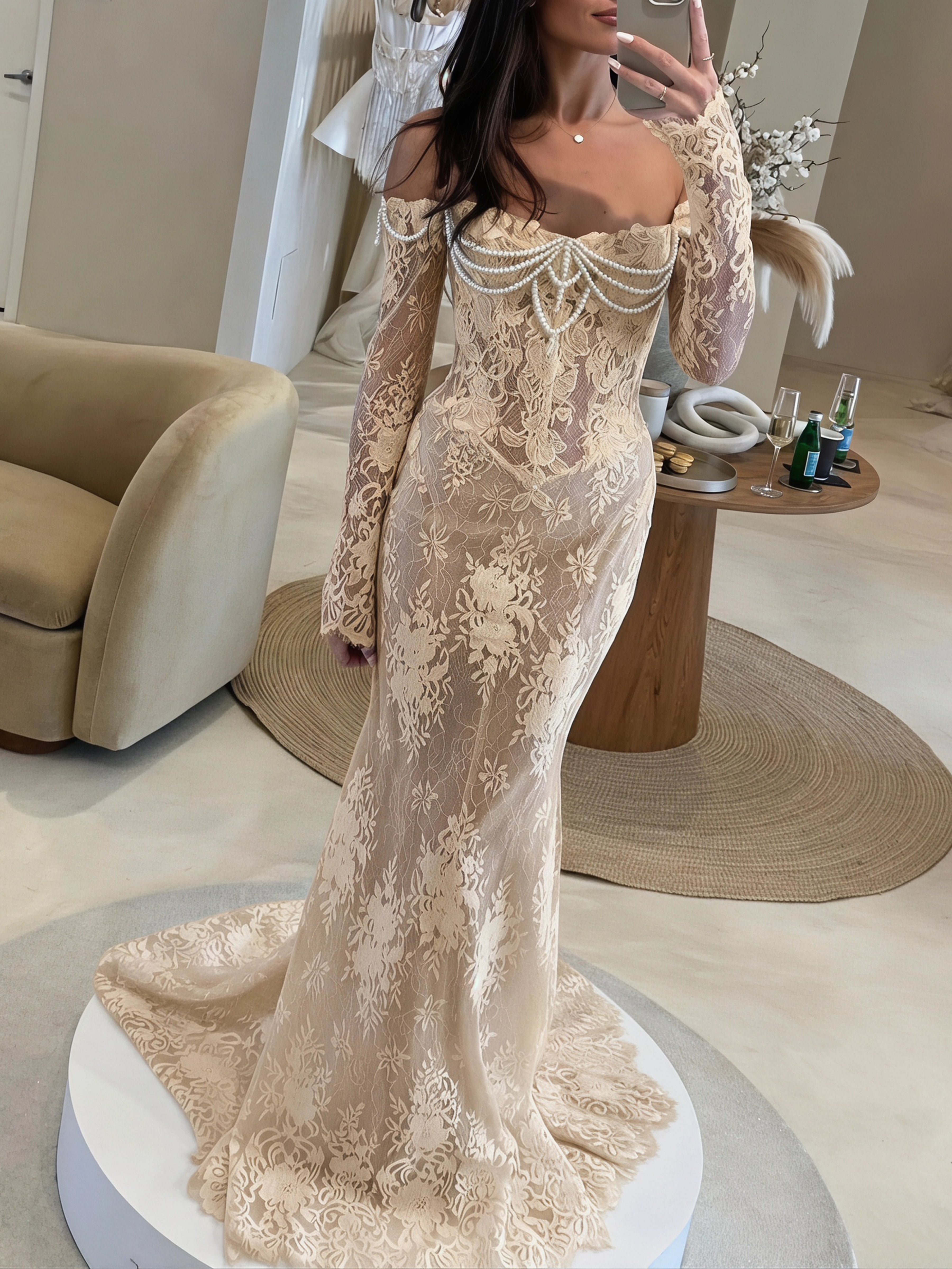 ROVDESY  Off The Shoulder Long Sleeve Floral Lace Mermaid Wedding Dress Bridal Gown