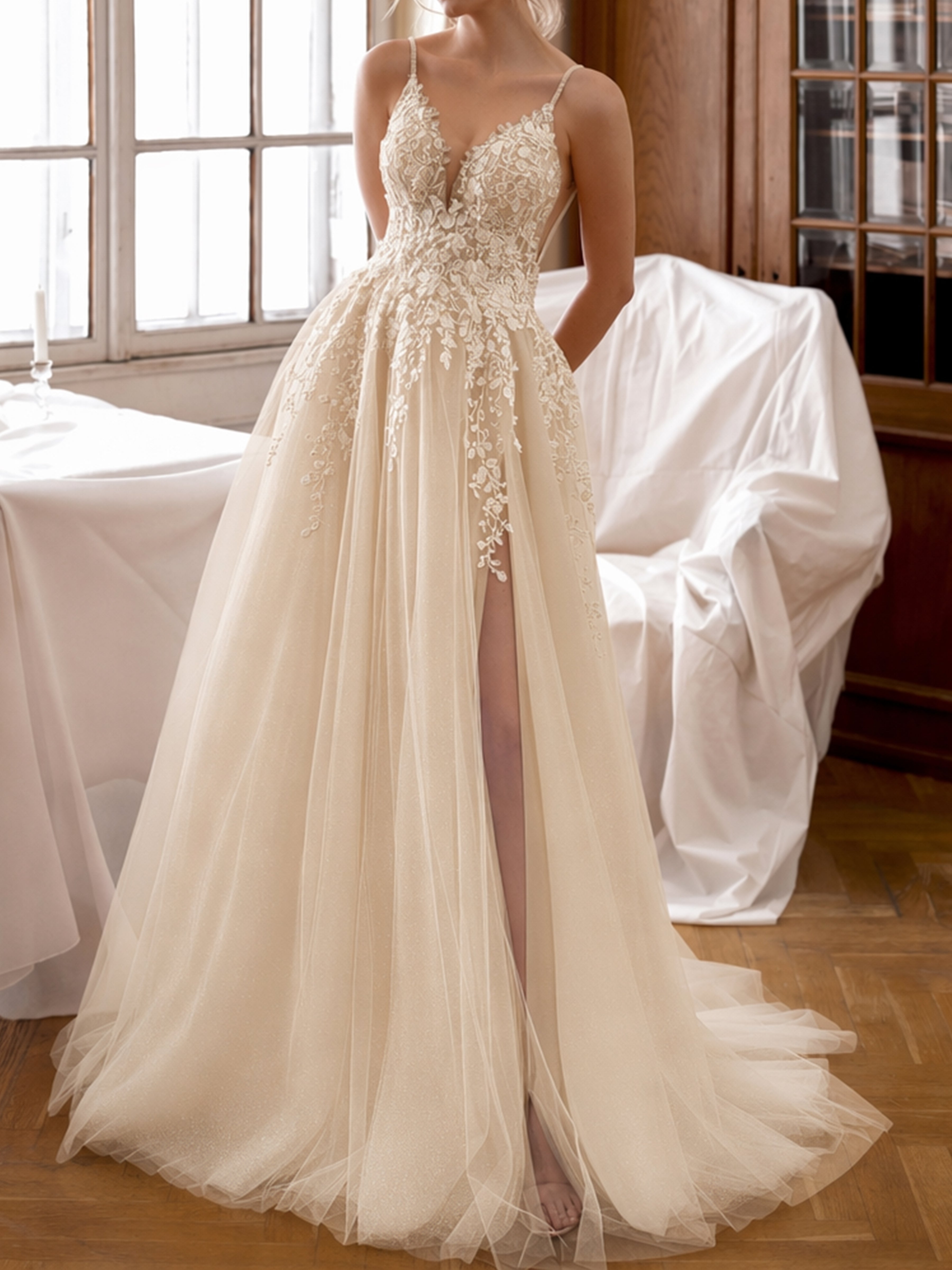ROVDESY  Spaghetti Strap Deep V Neck Lace A-Line Wedding Dress Bridal Gown With Slit