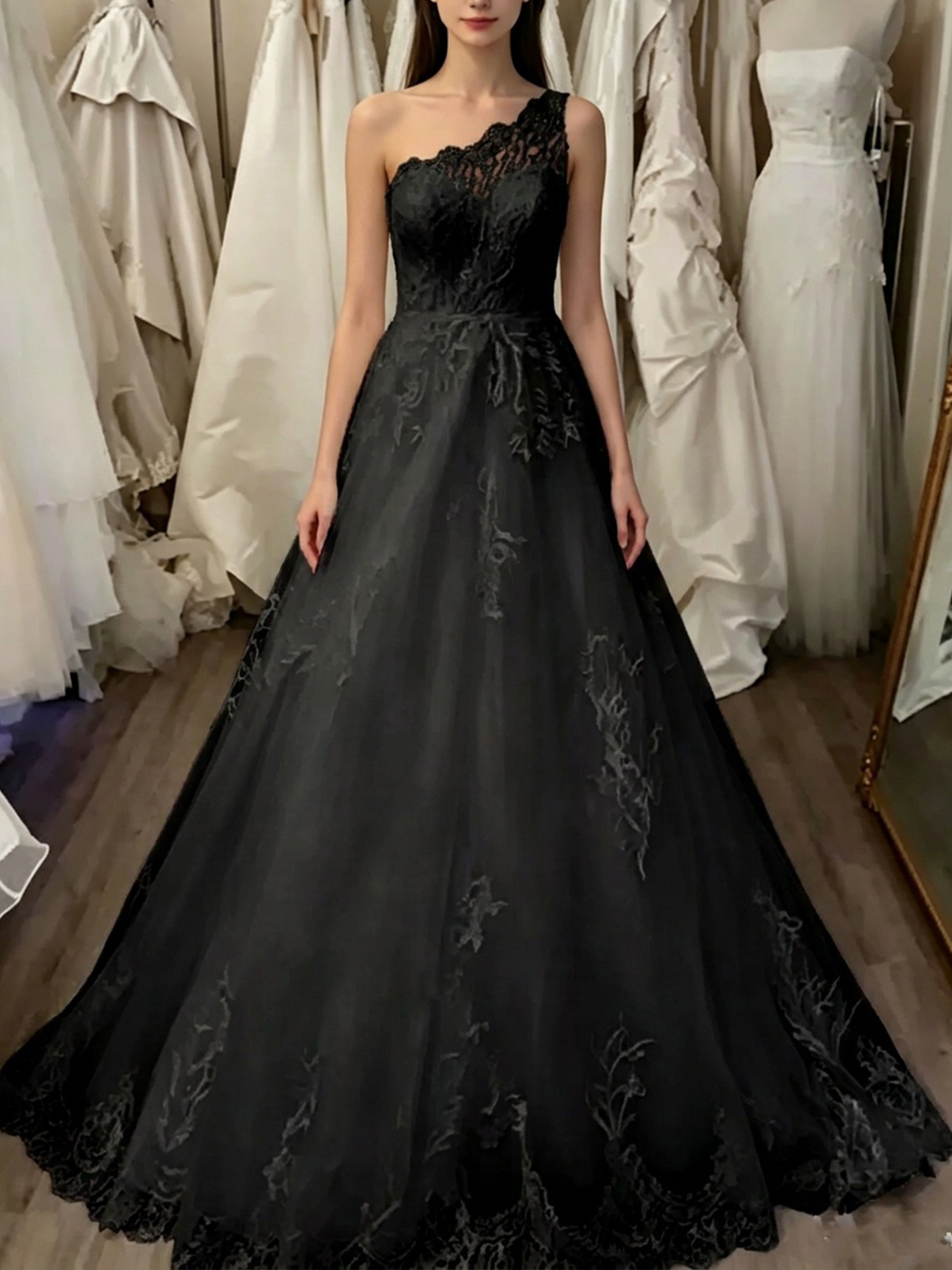 ROVDESY  One Shoulder Lace A-Line Tulle Wedding Dress Bridal Gown