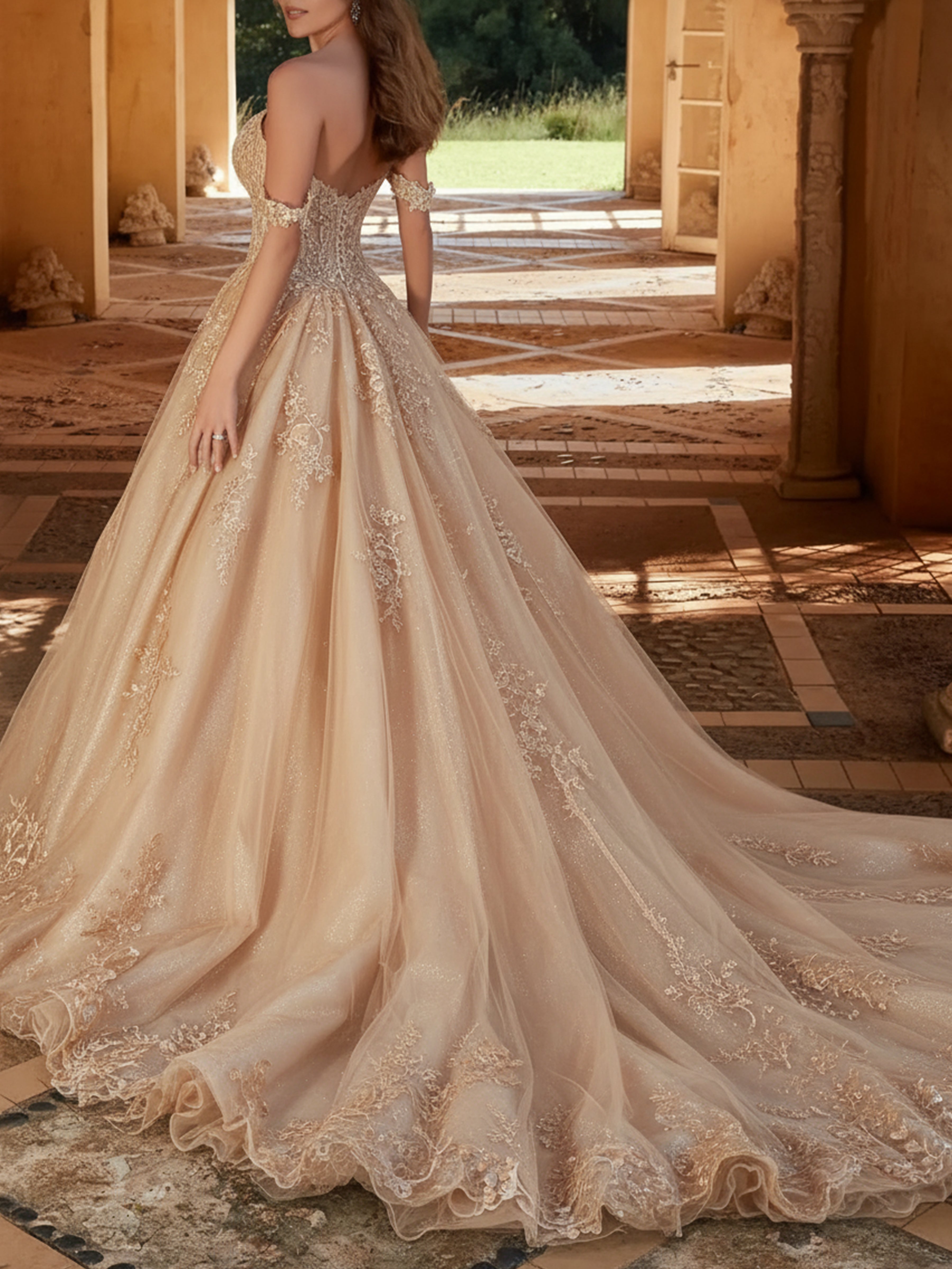 ROVDESY Off The Shoulder Sweetheart Lace Ball Gown Wedding  Dress Bridal Gown With Train