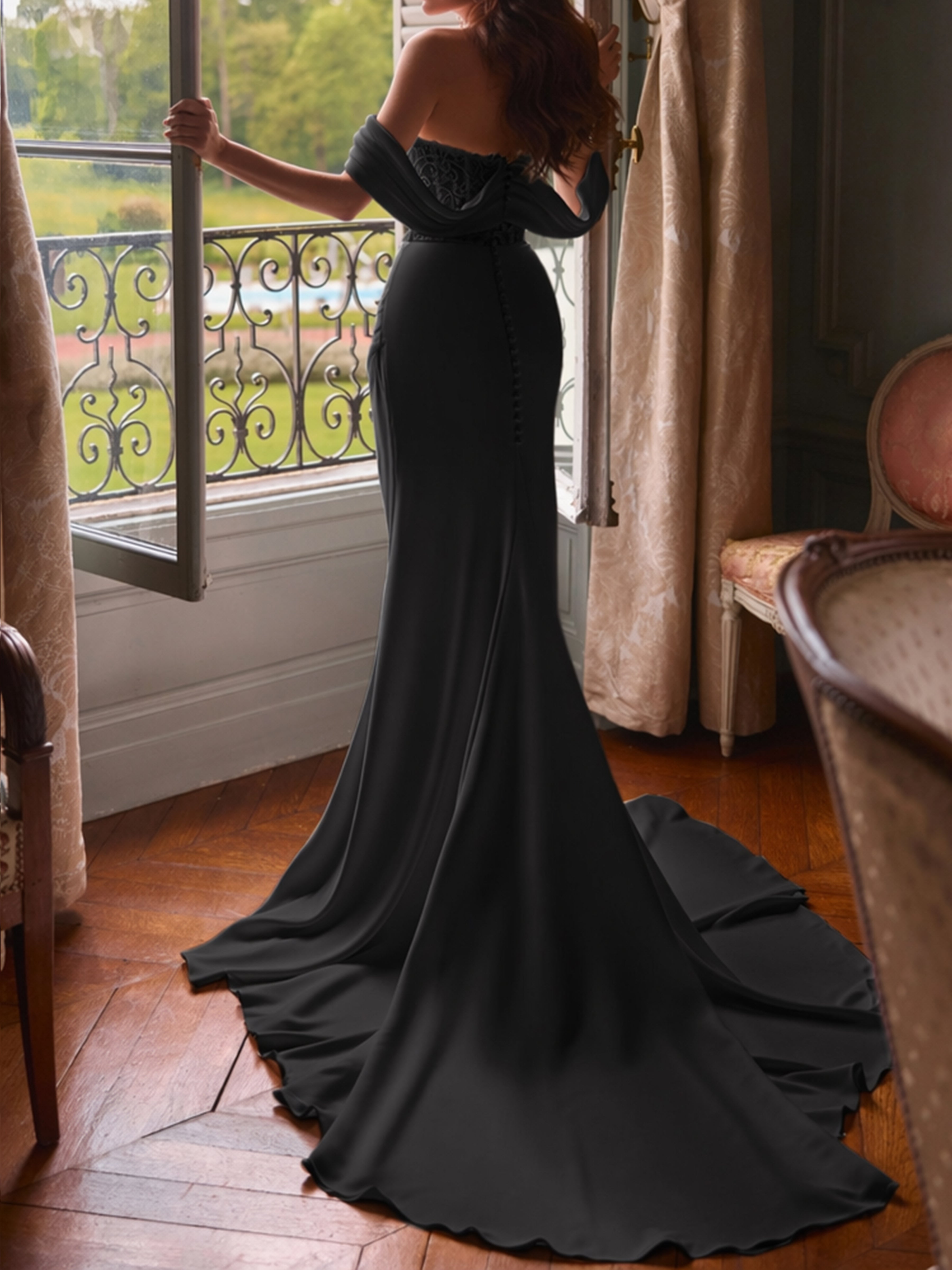 ROVDESY Off The Shoulder Long Sleeve Lace Mermaid Wedding Dress Bridal Gown With Slit