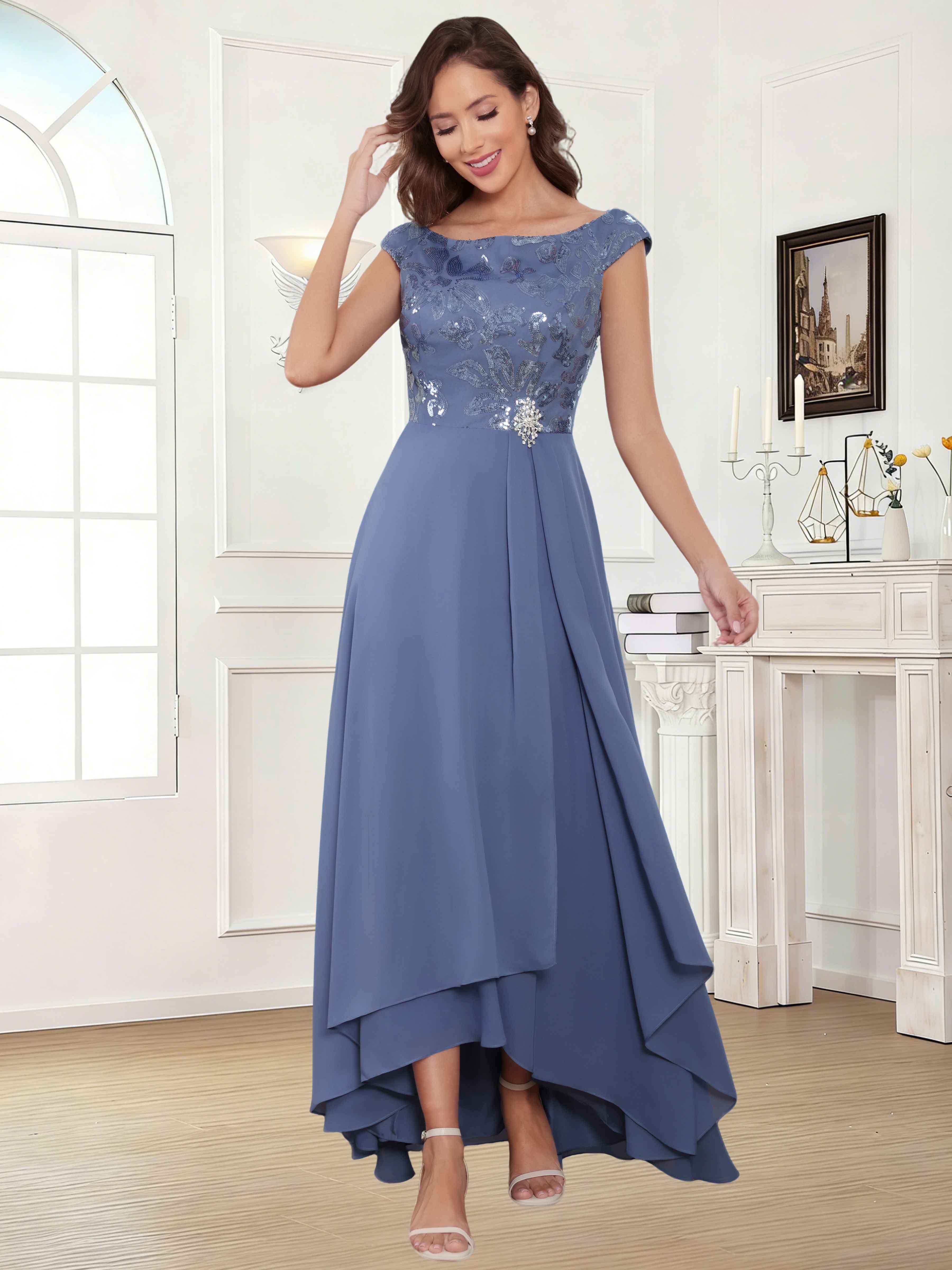 ROVDESY Tea Length Off-The-Shoulder Sequin Chiffon Mother Of The Bride Dress