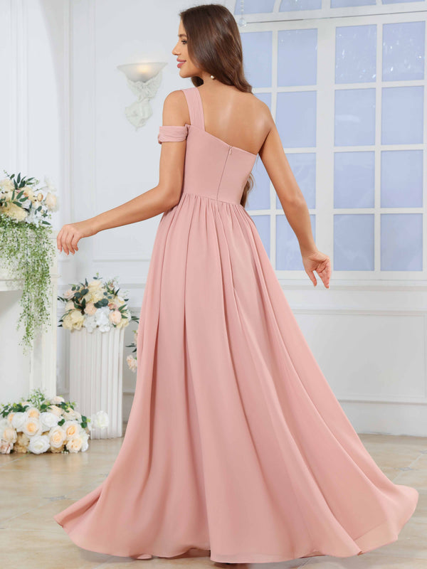 One Shoulder Pleated Chiffon Bridesmaid Dress With Slit