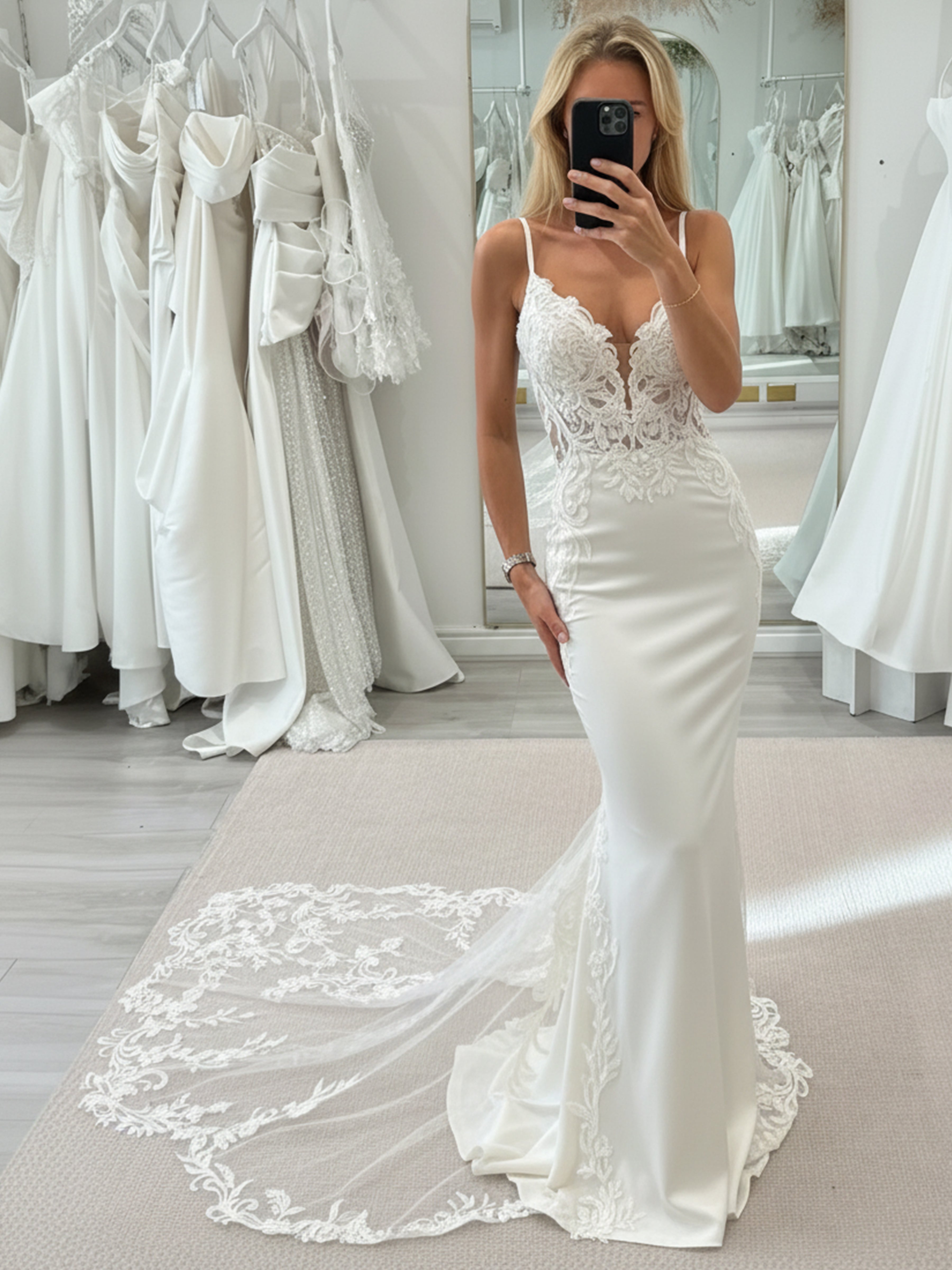 ROVDESY Spaghetti Straps Deep V Neck Lace Mermaid Wedding Dress Bridal Gown