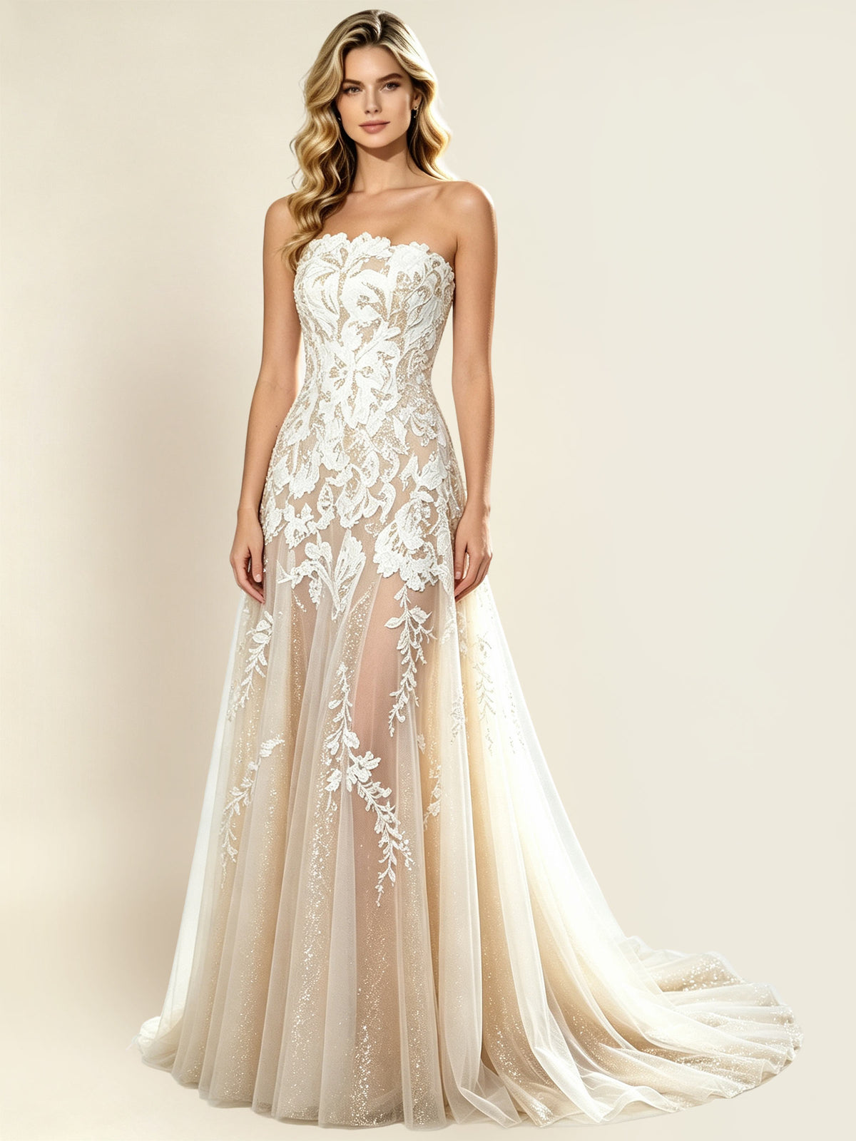 Strapless Floral Lace A?Line Wedding Gown With Glitter Tulle