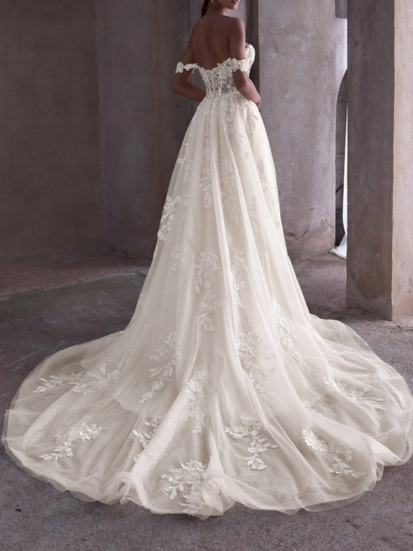 Off The Shoulder A-Line Sweetheart Lace Wedding Dress Bridal Gown With Slit