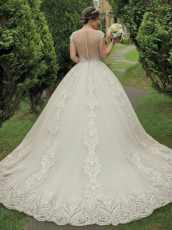 Cap Sleeve Illusion Lace Applique Ball Gown Wedding Dress for Bride