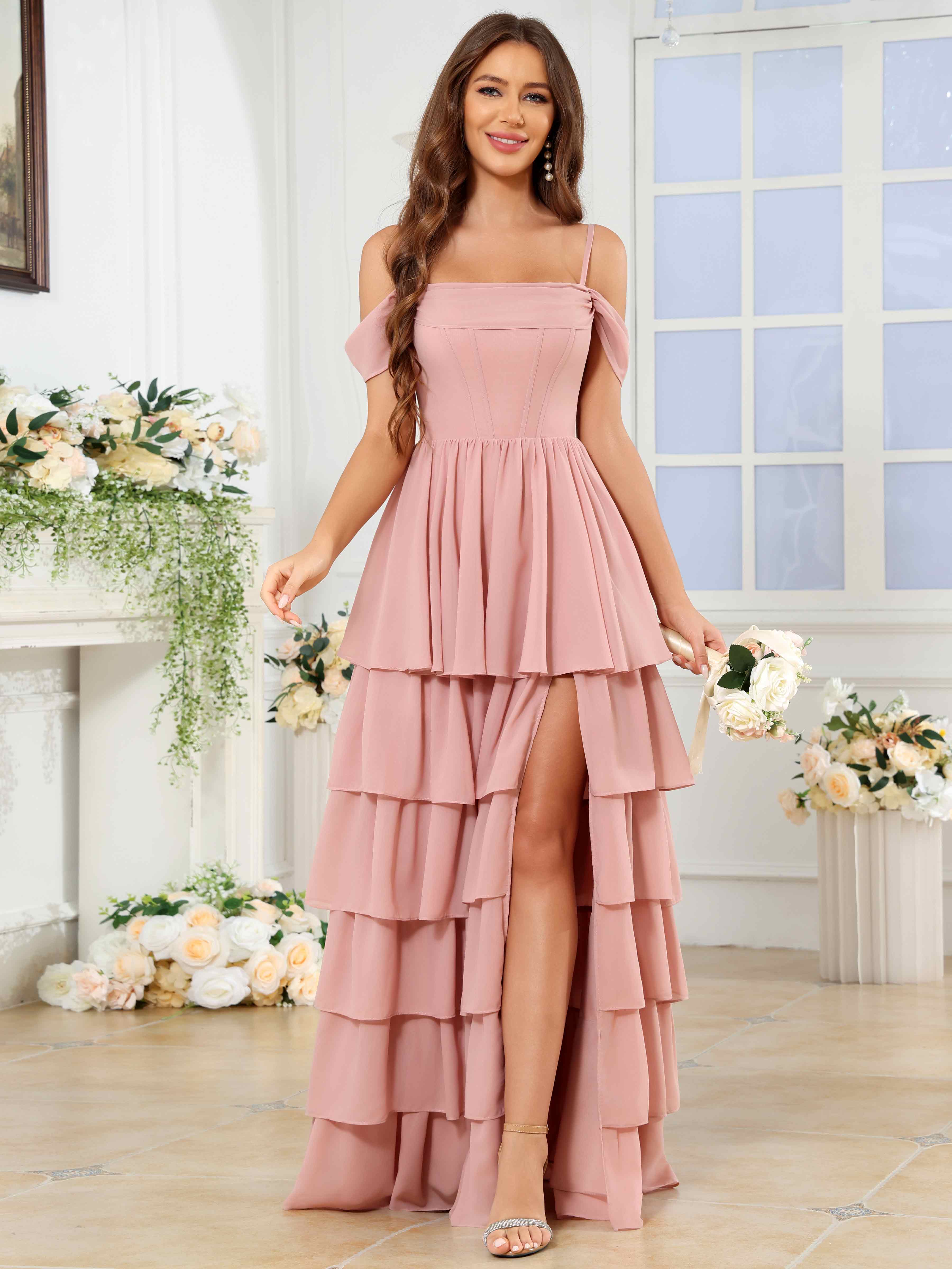 ROVDESY A-Line Off The Shoulder Tiered Chiffon Bridesmaid/Prom Dress With Slit