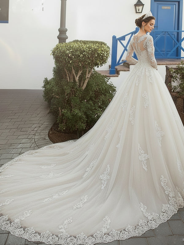 Long Sleeve Illusion Neck Lace A-Line Wedding Dress with Cathedral Train