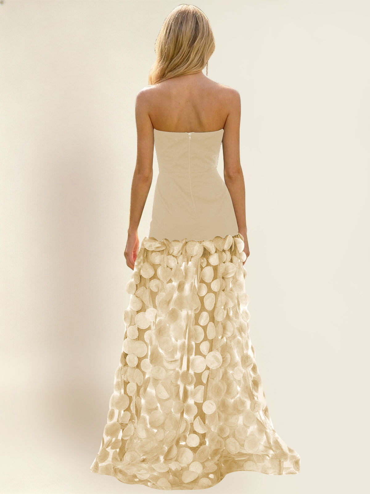 Strapless Contrast 3D Circle Applique Maxi Evening Gown