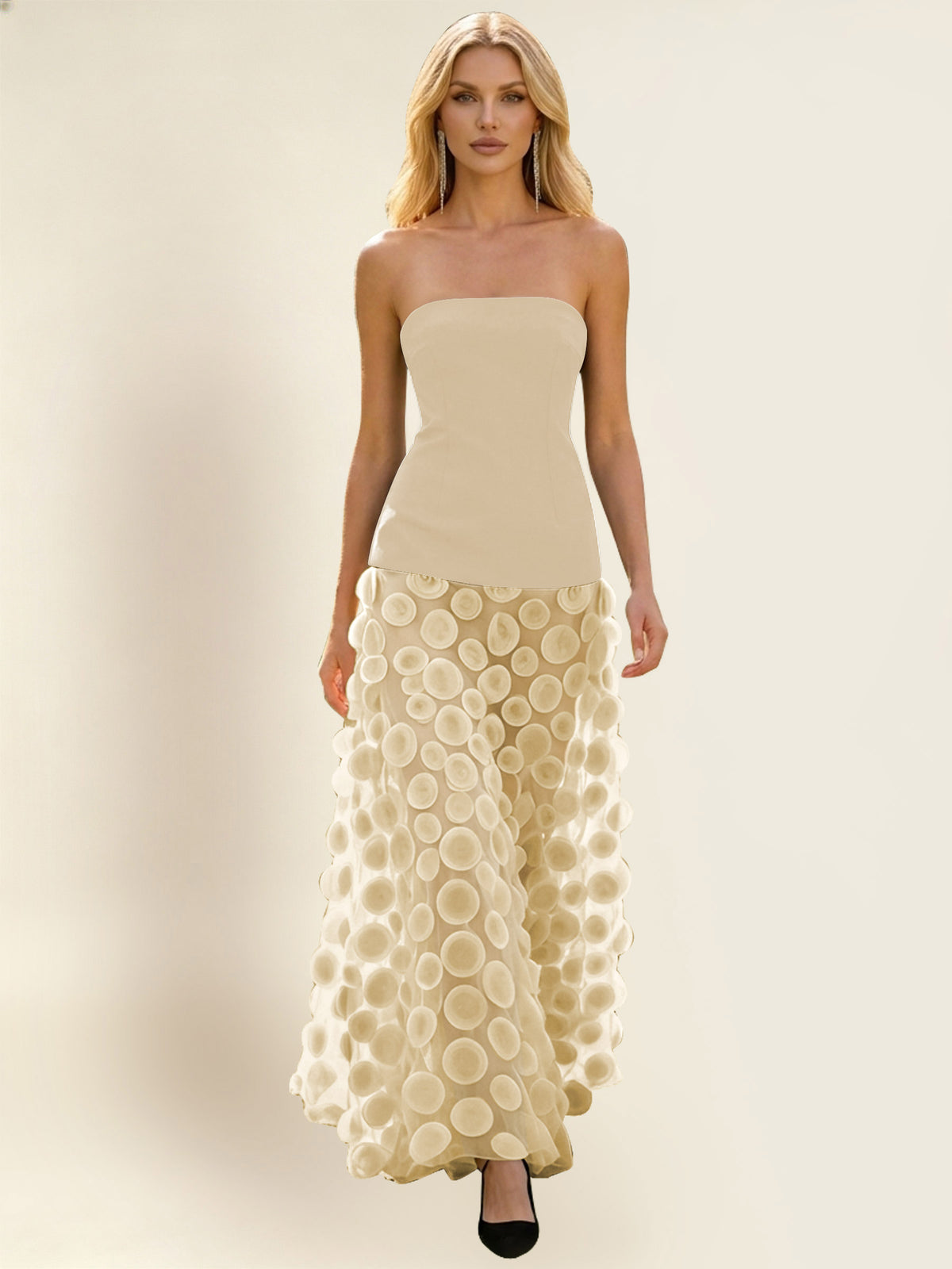 Strapless Contrast 3D Circle Applique Maxi Evening Gown