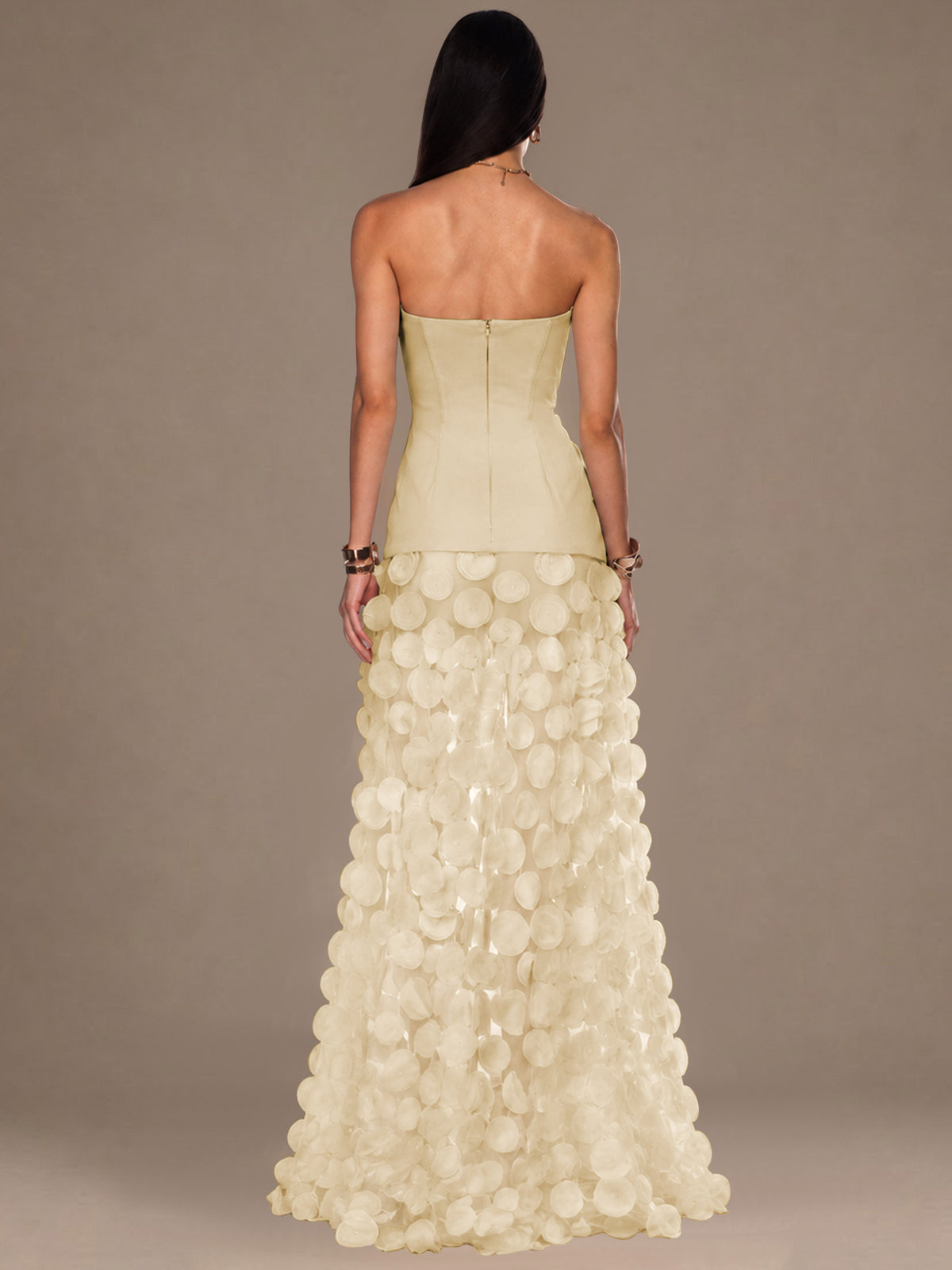 Strapless Contrast 3D Circle Applique Maxi Evening Gown