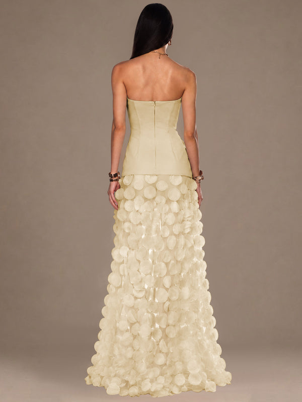 Strapless Contrast 3D Circle Applique Maxi Evening Gown