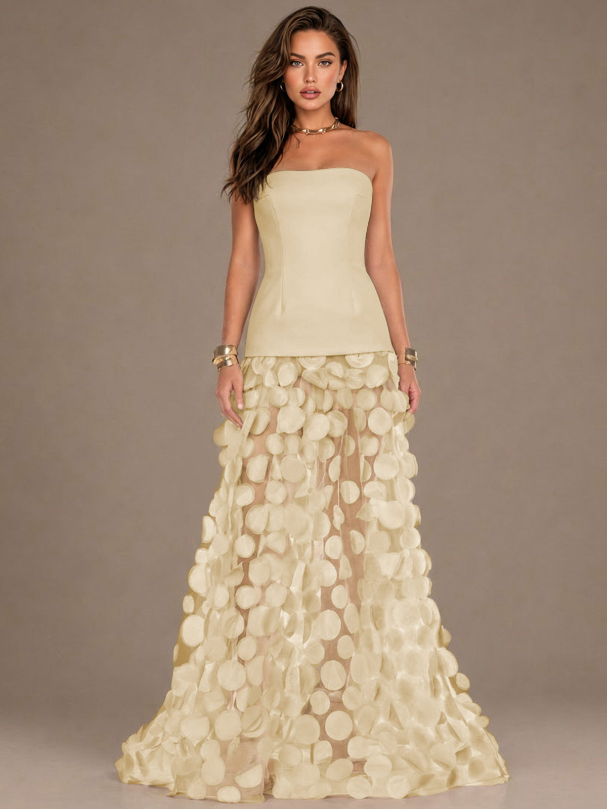 Strapless Contrast 3D Circle Applique Maxi Evening Gown