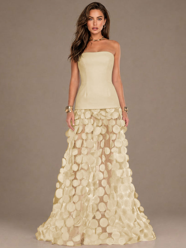 Strapless Contrast 3D Circle Applique Maxi Evening Gown