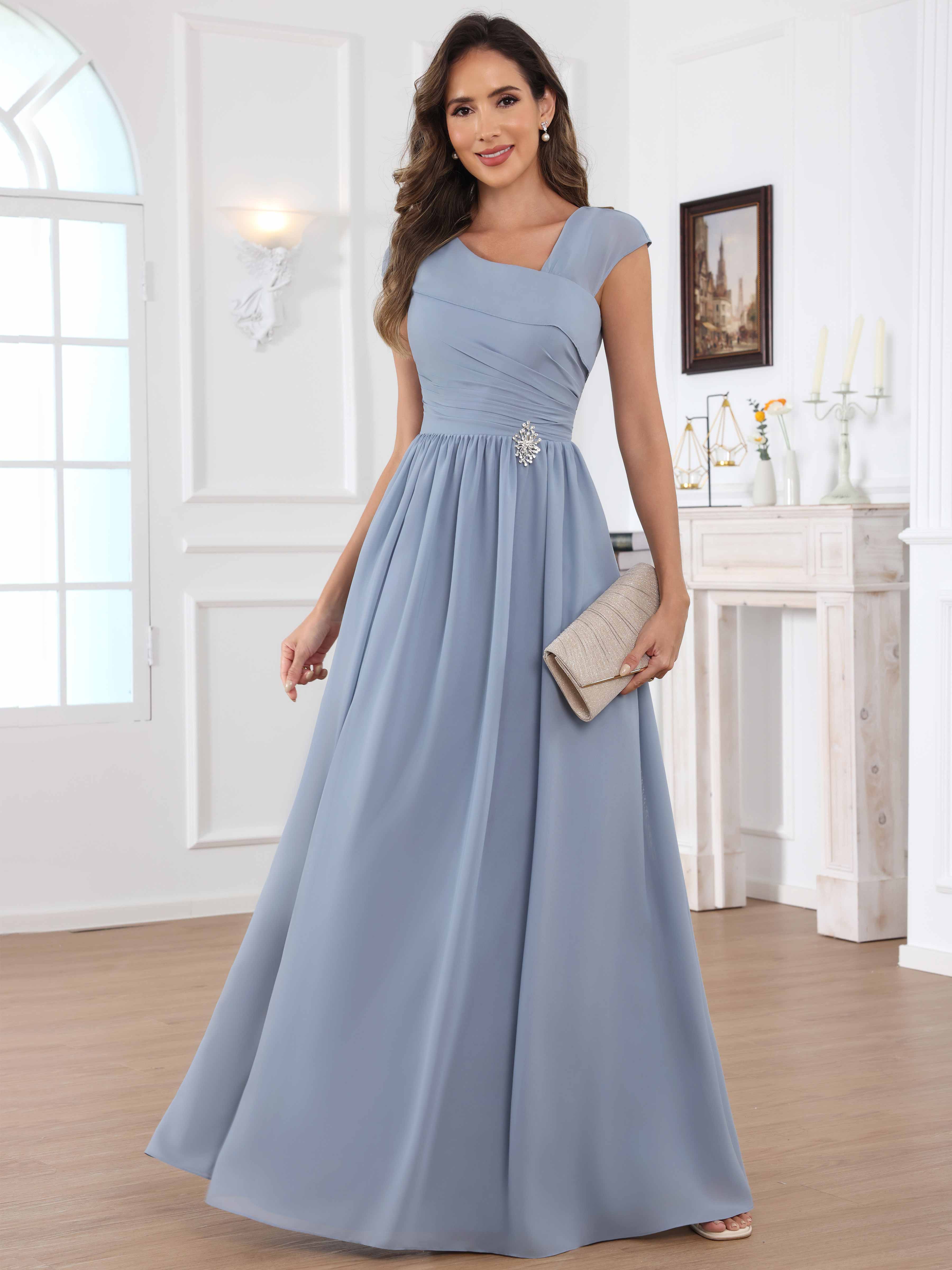 ROVDESY A-Line Cap Sleeves Pleated Chiffon Mother Of The Bride Dress