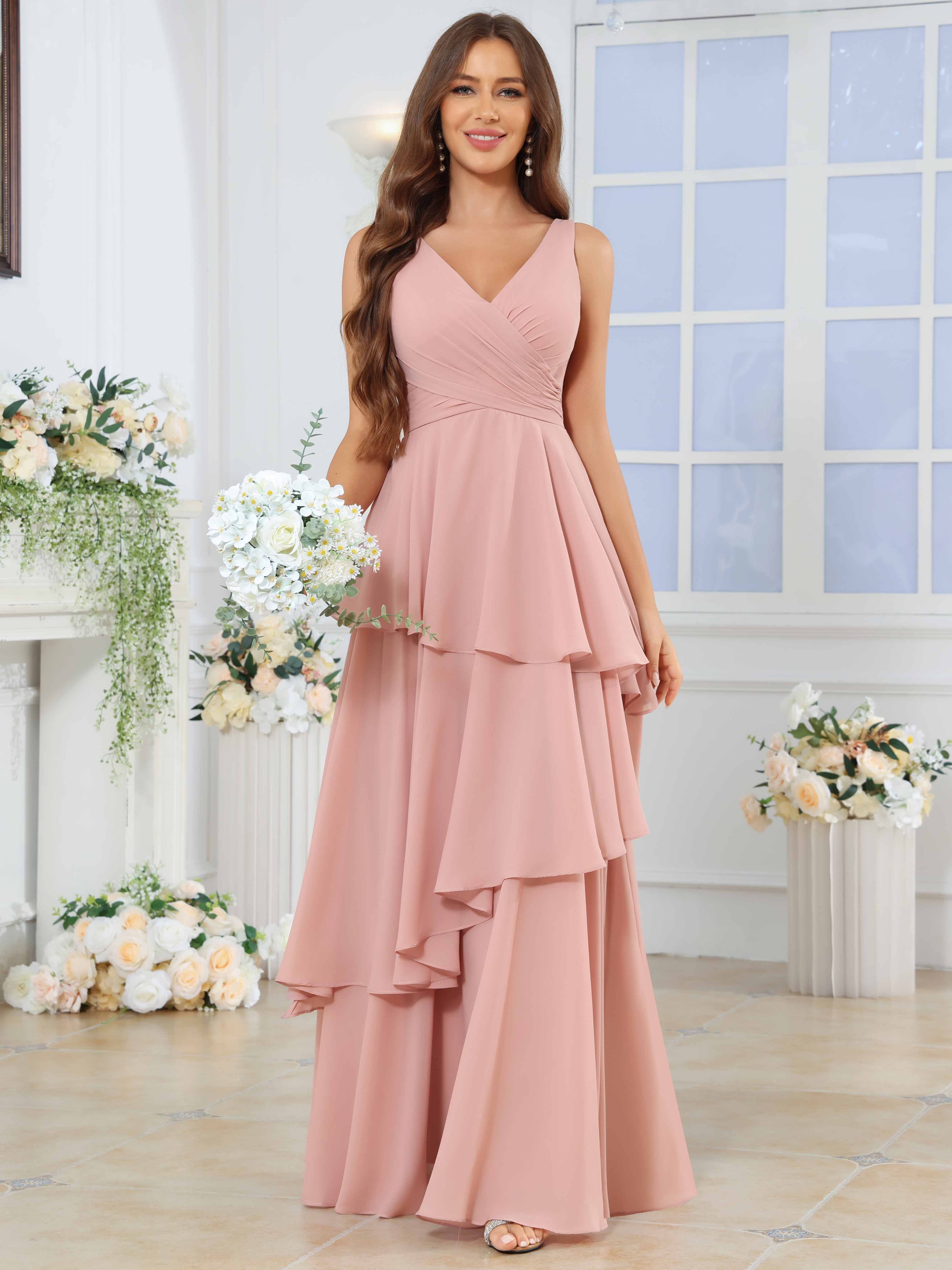 ROVDESY Long Sleeveless V-Neck Tiered Pleated Chiffon Bridesmaid Dress