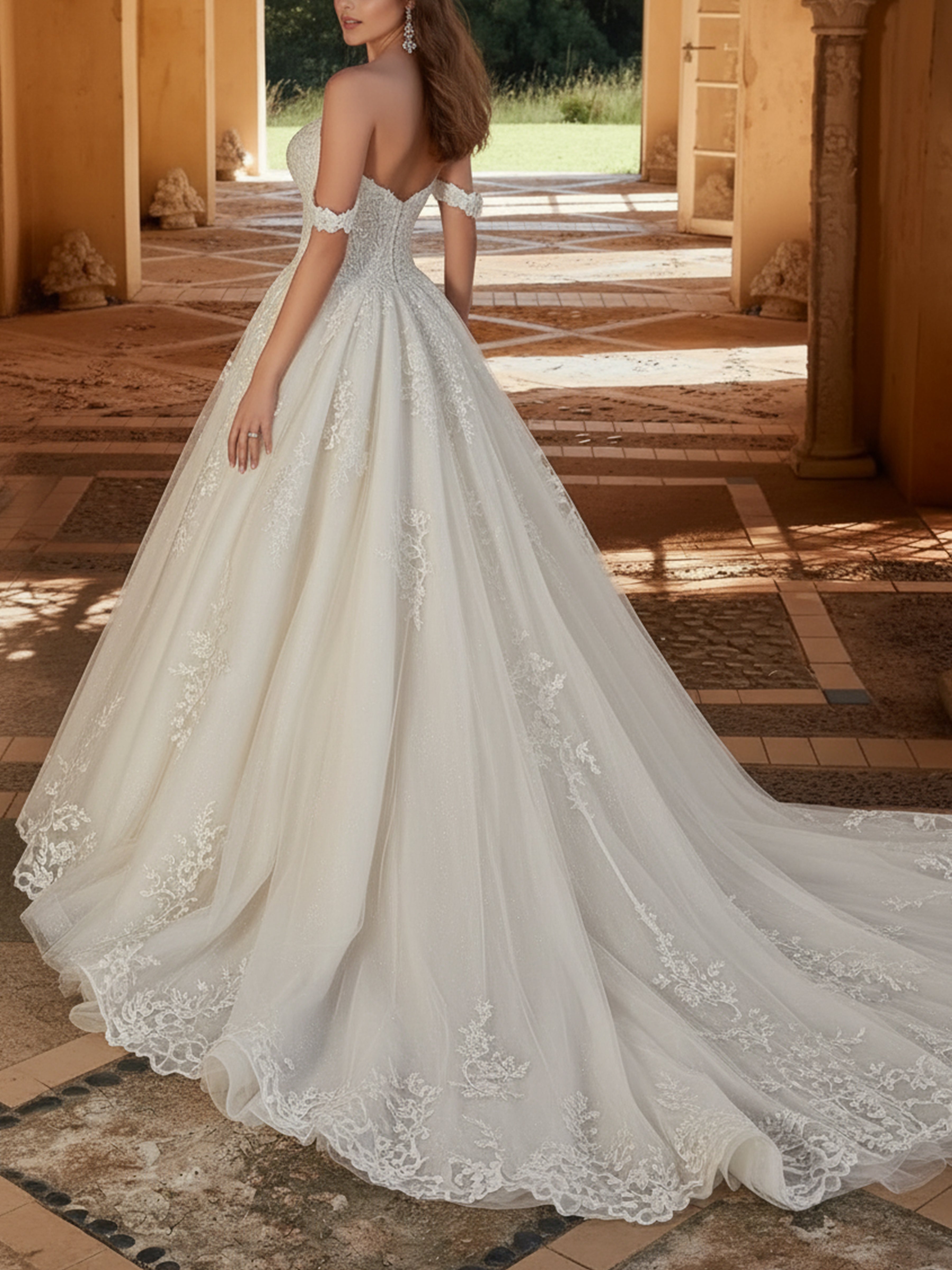 ROVDESY Off The Shoulder Sweetheart Lace Ball Gown Wedding  Dress Bridal Gown With Train